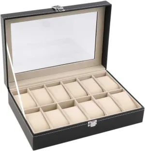 - 12 Slot Luxury Watch Display Case, Large Holder, Metal Buckle - Black - PU Leather Watch Box Organizer Watch Display Organizer Box