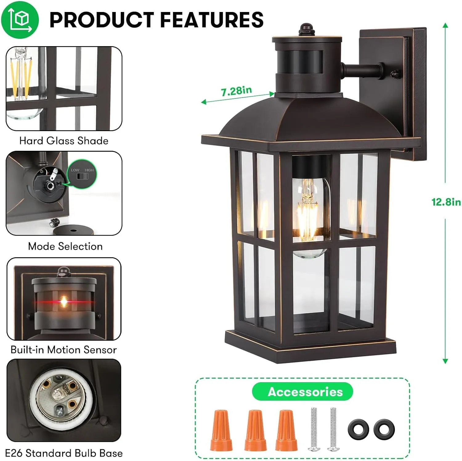 13in Motion Sensor Porch Lights, Anti-Rust 100% Aluminum Dusk to Dawn Outdoor Light Fixtures, Exterior Wall Lanterns Sconce Lighting Brown, Outside Lights for House Wall Mount for Entryway Garage