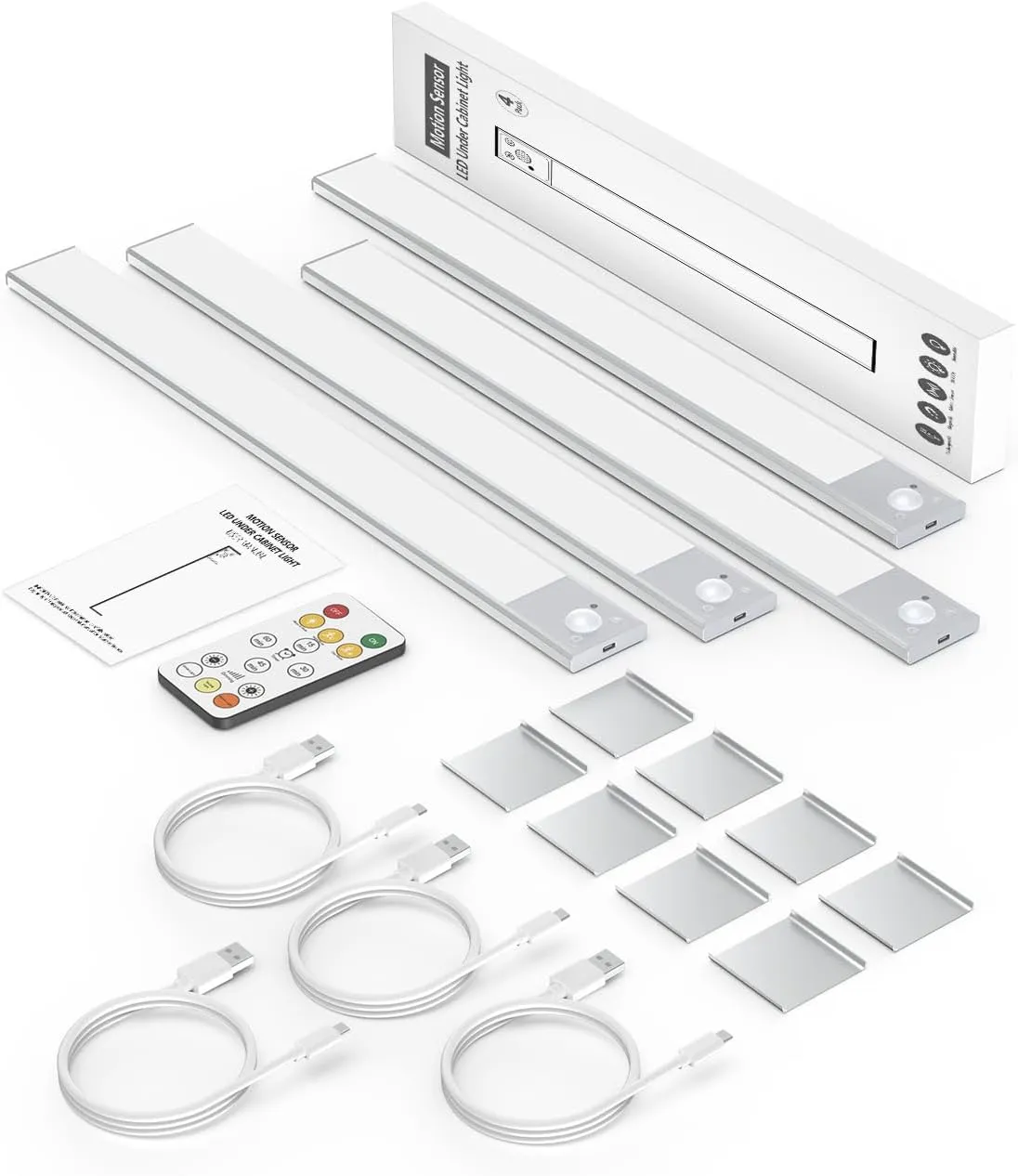 16" Ultra-Thin Under Cabinet Lighting Wireless, Aluminum Alloy Under Counter Lights for Kitchen, 3-Color-Temps Magnetic Closet Lights, Rechargeable Motion Sensor Light Indoor (4Pack, Silver)