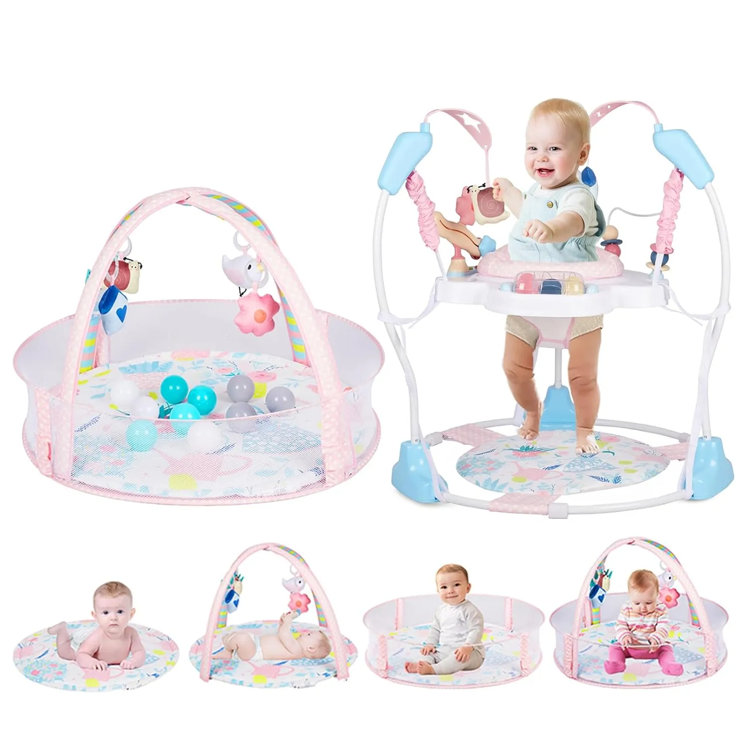 2-in-1 Baby Play Gym & Activity Center | Tummy Time Mat for 0–18 Months   3-in-1 Jumper with 360° Seat, Music & Lights for 6  Months Pink