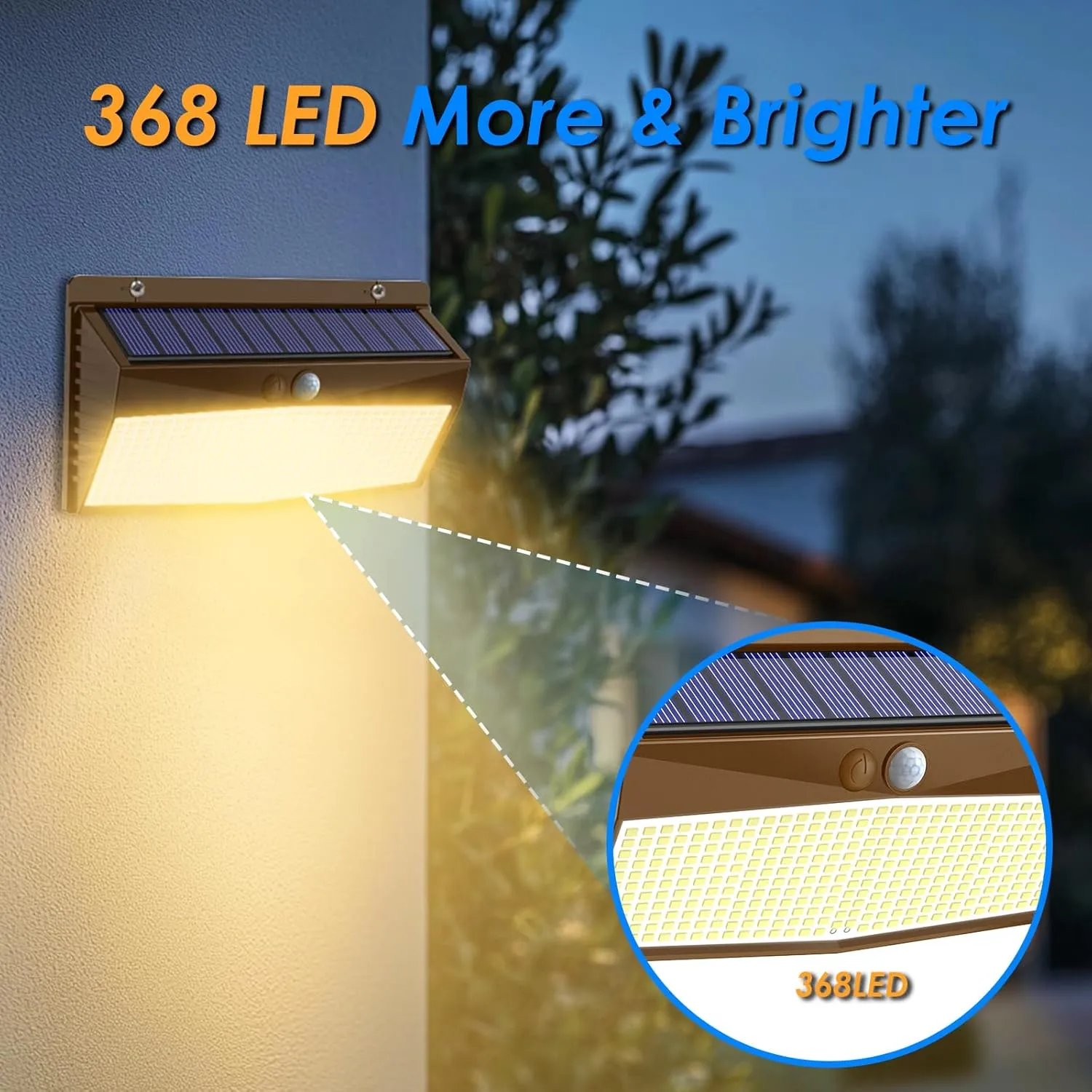 2 Pack 368 LED Solar Lights Outdoor Motion Sensor, Solar Fence Light with 3 Lighting Modes, Solar Powered Security Lights Waterproof for Outside Yard Wall Garden Backyard,Brown Warm