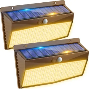 2 Pack 368 LED Solar Lights Outdoor Motion Sensor, Solar Fence Light with 3 Lighting Modes, Solar Powered Security Lights Waterproof for Outside Yard Wall Garden Backyard,Brown Warm