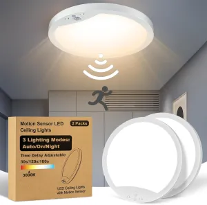 2-Pack Motion Sensor Ceiling Lights Hard-Wired, 9Inch Indoor Motion Activated LED Ceiling Light Fixtures with 3 Modes, Flush Mount Lights for Closet Stairwell Hallway, NOT Battery Operated, 3000K