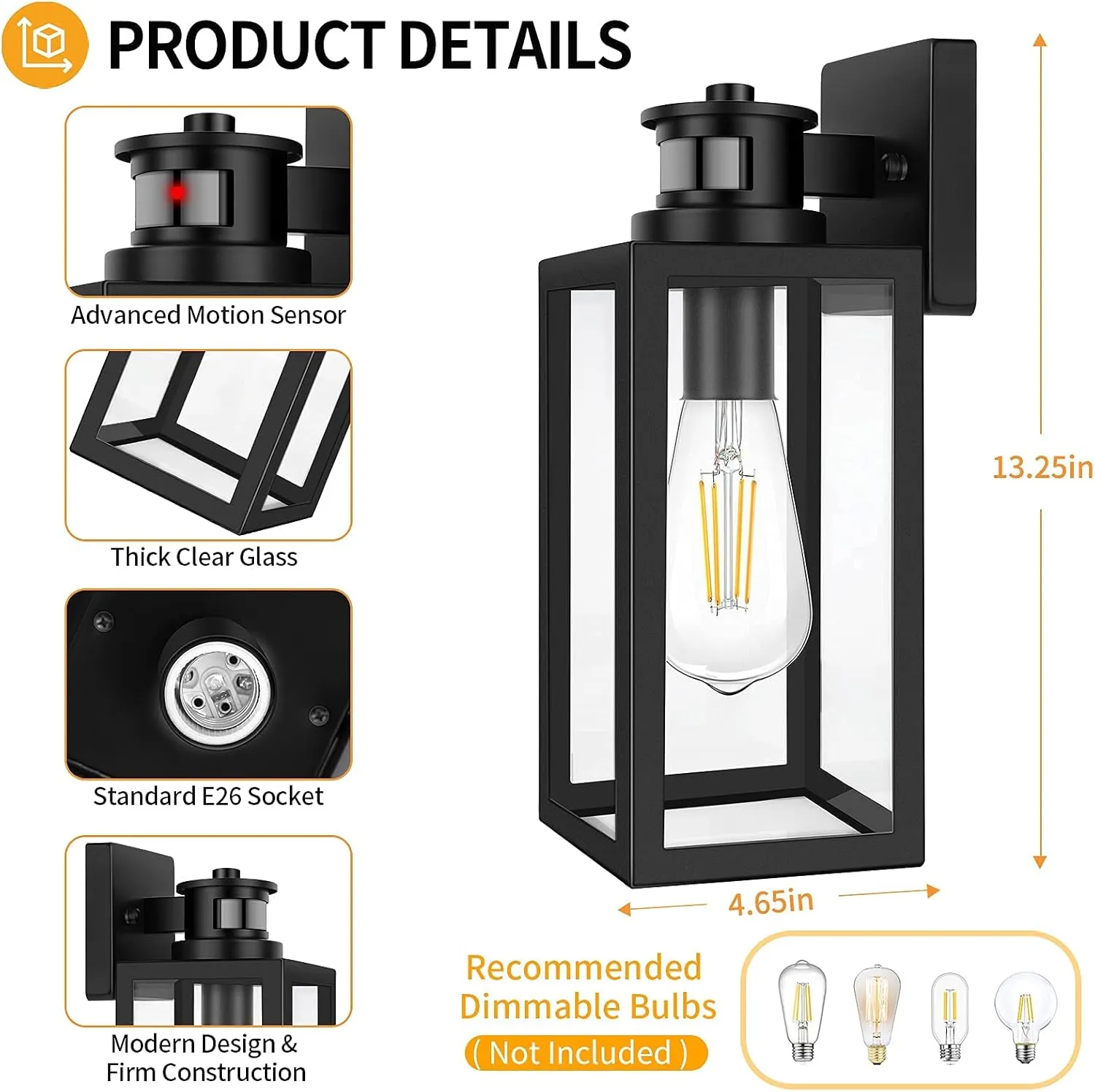 2-Pack Motion Sensor Outdoor Lights, Upgrade Dusk to Dawn Wall Mount Light Fixtures, Motion Sensor Wall Lights for Outside House Porch Garage, Exterior Black Wall Lanterns Sconce with Clear Glass