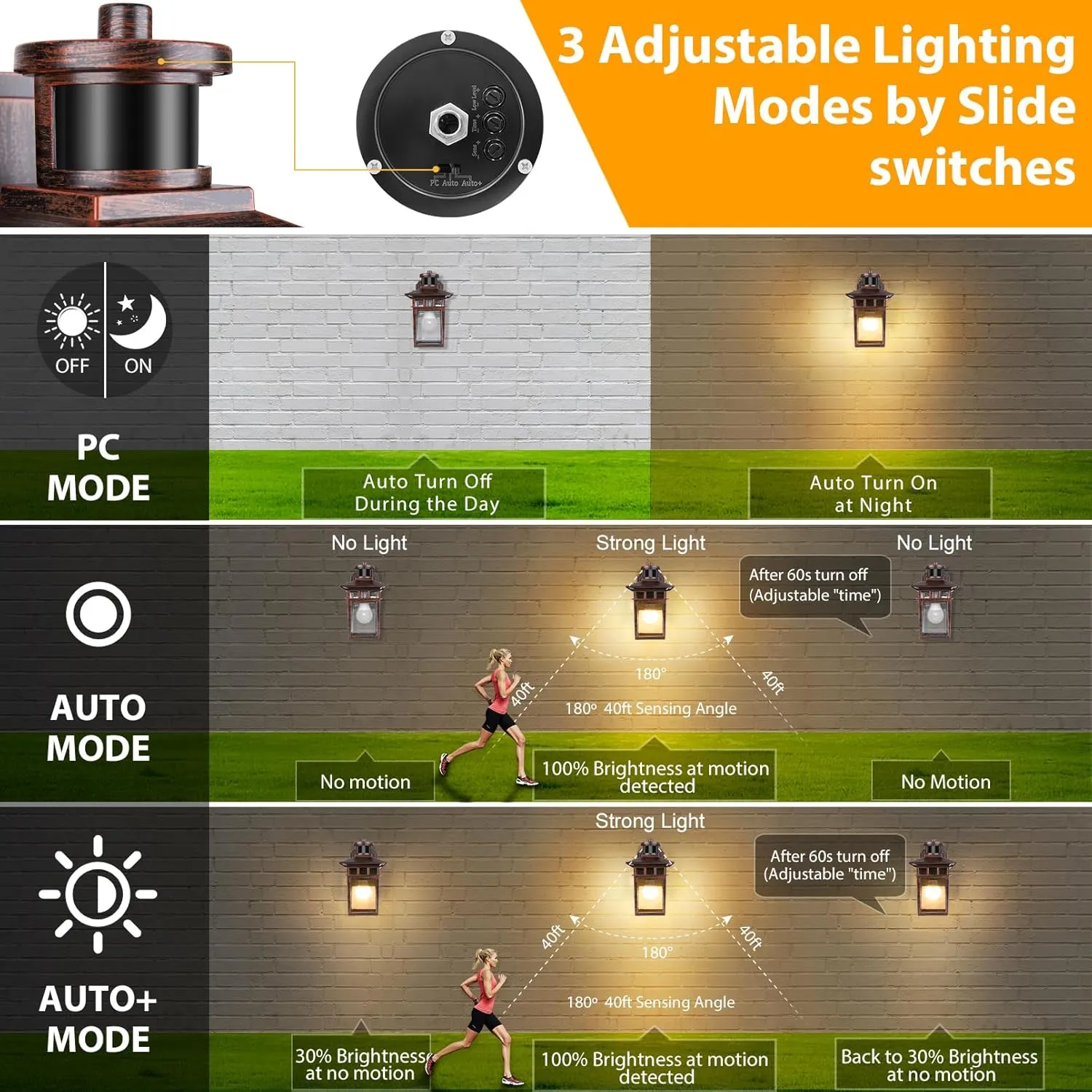 2 Pack Porch Lights with GFCI Outlet, Black & Bronze Gold Dusk to Dawn Motion Sensor Outdoor Light, 3-Mode Wall Exterior Lighting Fixture,Waterproof Outside Lights Sconce for House Front Door