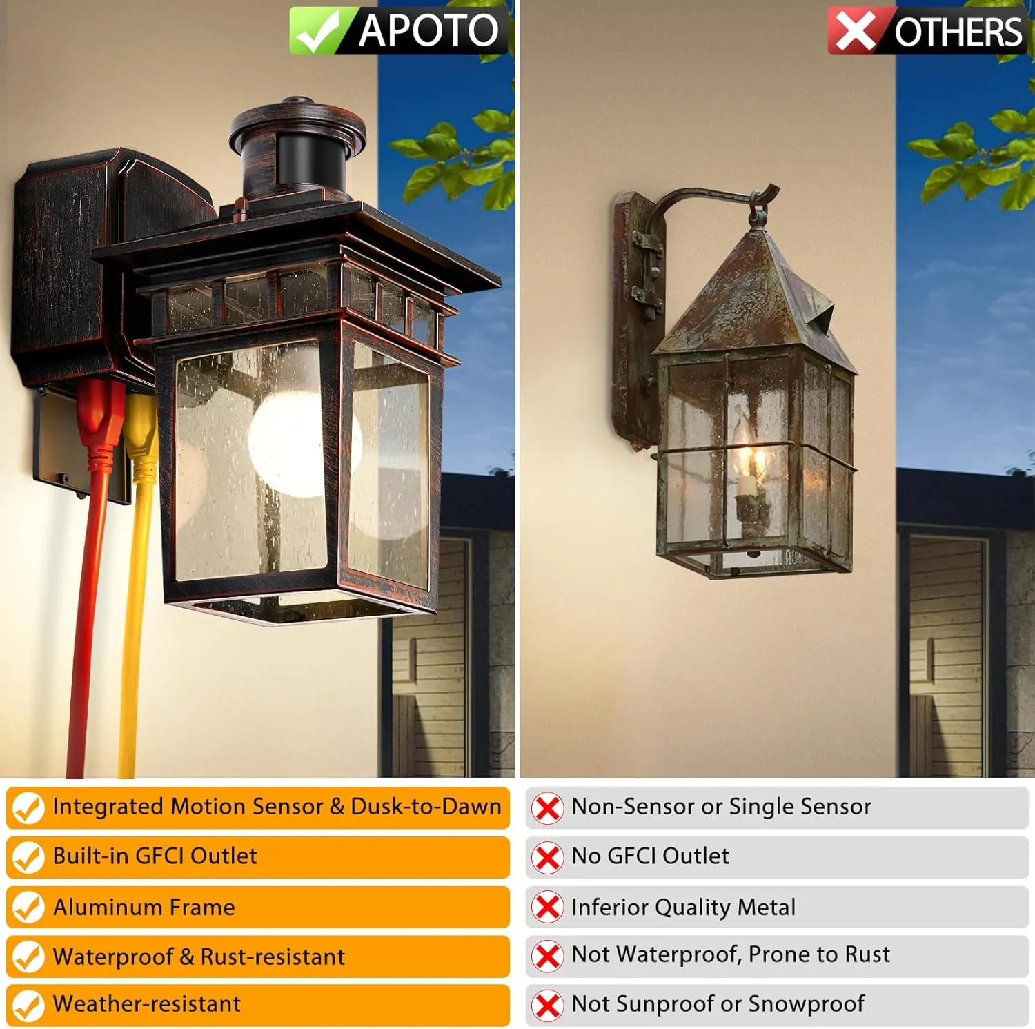 2 Pack Porch Lights with GFCI Outlet, Black & Bronze Gold Dusk to Dawn Motion Sensor Outdoor Light, 3-Mode Wall Exterior Lighting Fixture,Waterproof Outside Lights Sconce for House Front Door