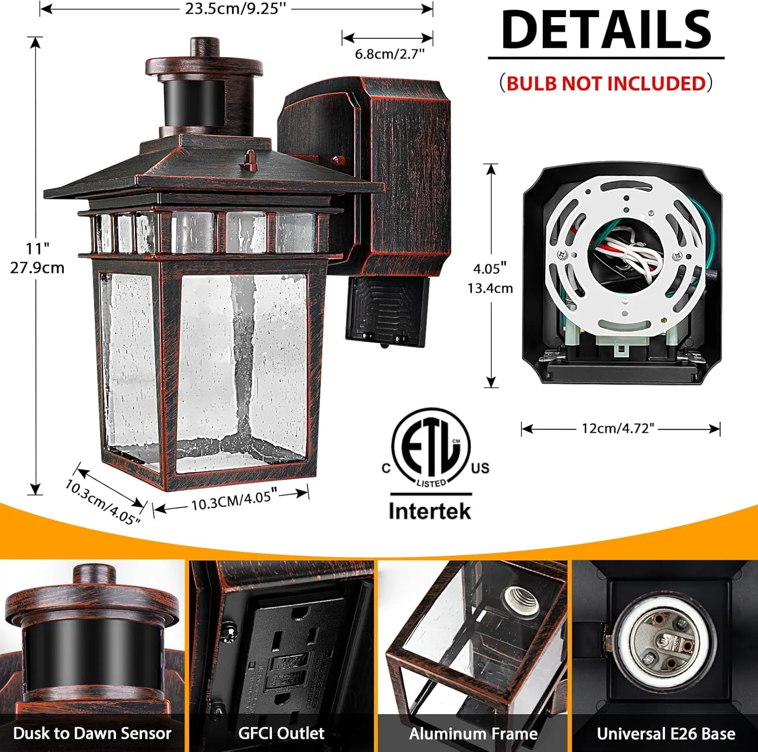 2 Pack Porch Lights with GFCI Outlet, Black & Bronze Gold Dusk to Dawn Motion Sensor Outdoor Light, 3-Mode Wall Exterior Lighting Fixture,Waterproof Outside Lights Sconce for House Front Door