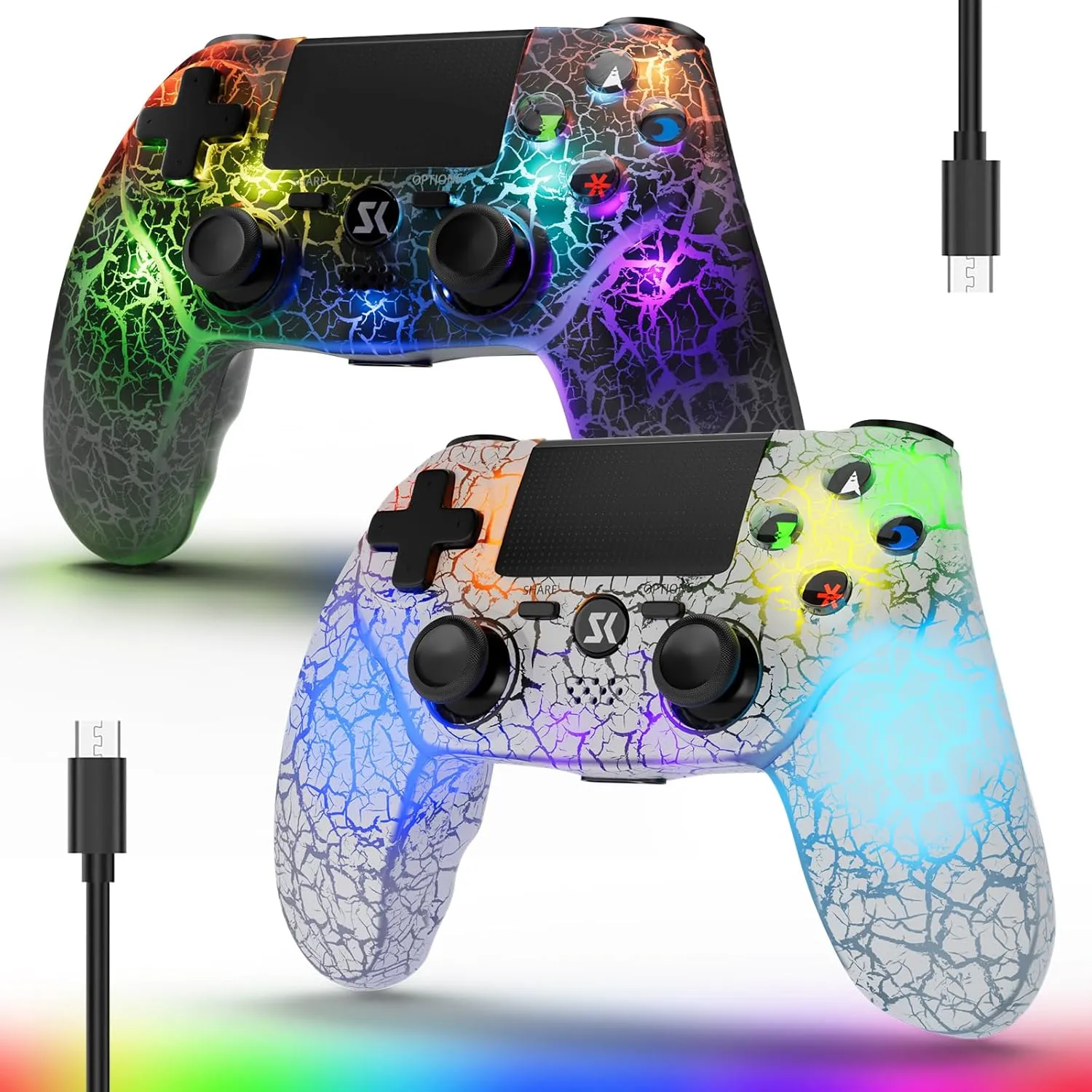 2 Pack Wireless Controller for PS4, LED Backlit Controllers for Sony PlayStation 4, 1000mAh Battery, Double Shock 6-Axis Motion Sensor, Adjustable RGB Backlight, White Black