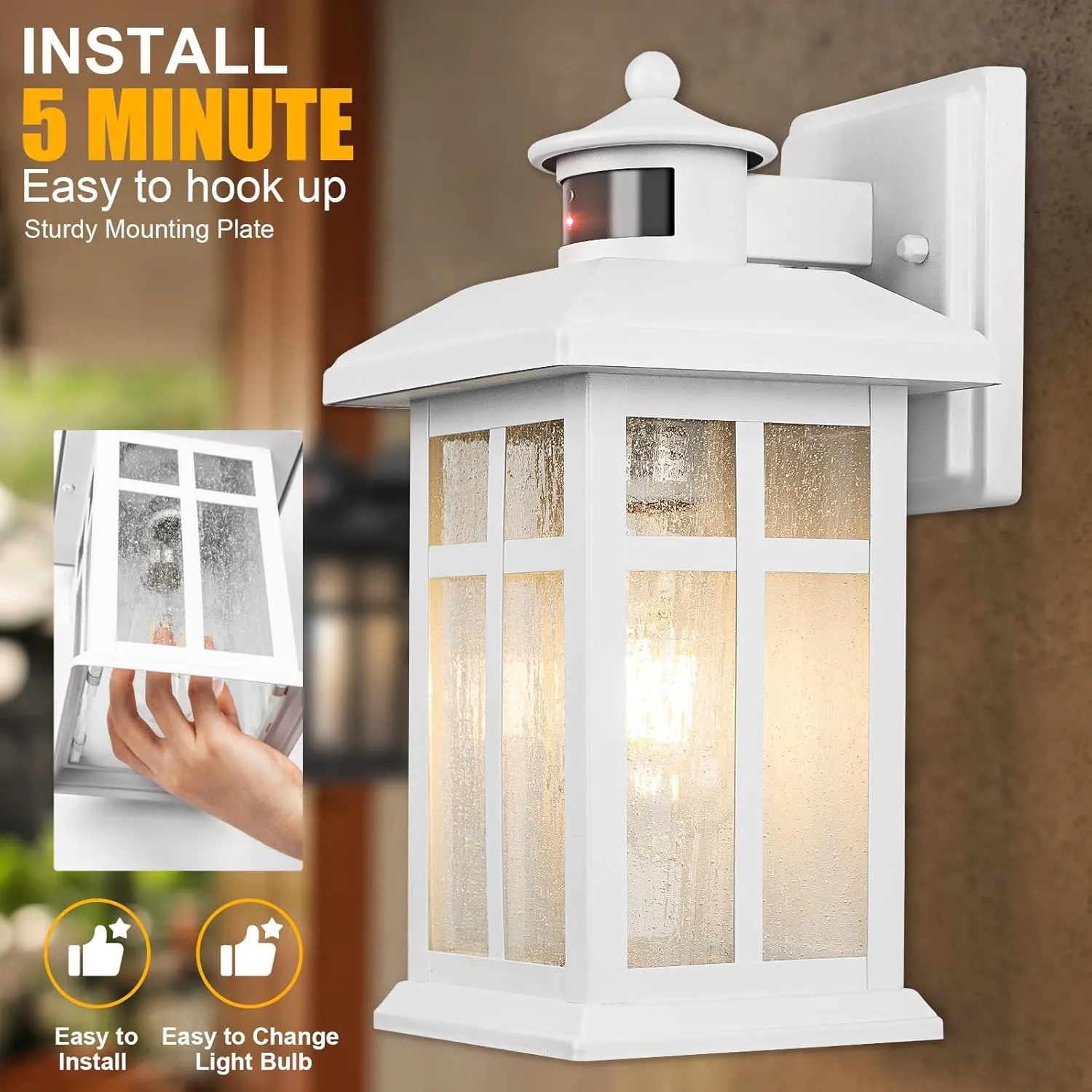 2 Packs Motion Sensor Outdoor Lights, Outside Light Fixtures for House White, Porch Lights Outdoor 2- Pack with E26 Sockets & Tempered Glass, Waterproof Exterior Wall Lights Motion Sensor