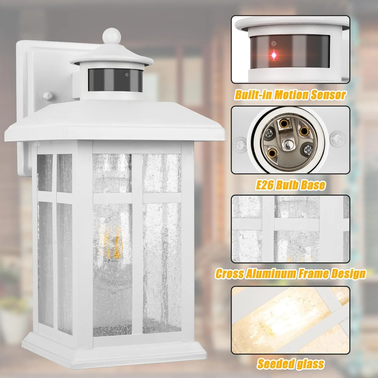 2 Packs Motion Sensor Outdoor Lights, Outside Light Fixtures for House White, Porch Lights Outdoor 2- Pack with E26 Sockets & Tempered Glass, Waterproof Exterior Wall Lights Motion Sensor