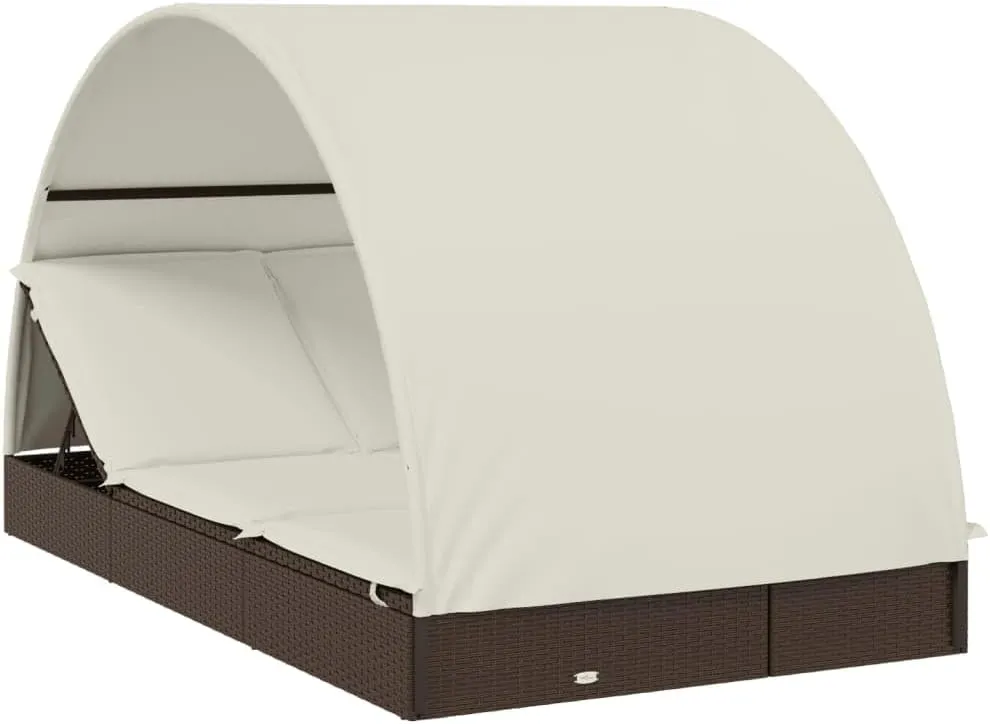 2-Person Sunbed with Round Roof Brown 83.1"x44.1"x55.1" Poly RattanLuxury Sun Loungers with Adjustable Backrest and Cushioned Seat