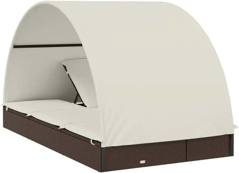2-Person Sunbed with Round Roof Brown 83.1"x44.1"x55.1" Poly RattanLuxury Sun Loungers with Adjustable Backrest and Cushioned Seat