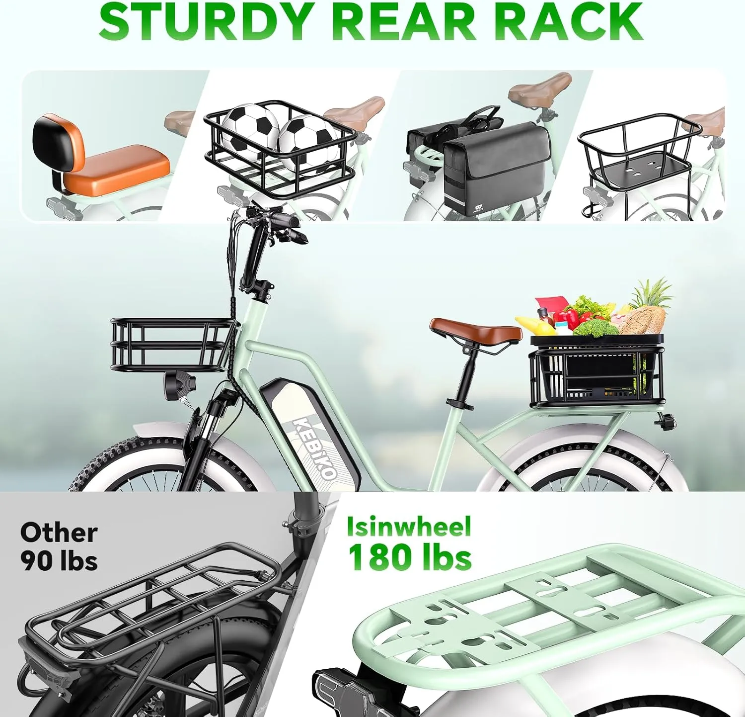 2 Seater Electric Bike, 48V 20AH(𝟗𝟔𝟎𝐖𝐇) Large Removable Battery, 𝟏𝟑𝟎𝟎𝐖 Peak Motor, 20"x 4.0" Fat Tire Ebike for Adults, 80 Miles Max,30 MPH, City Couple E Bike,with Folding Basket