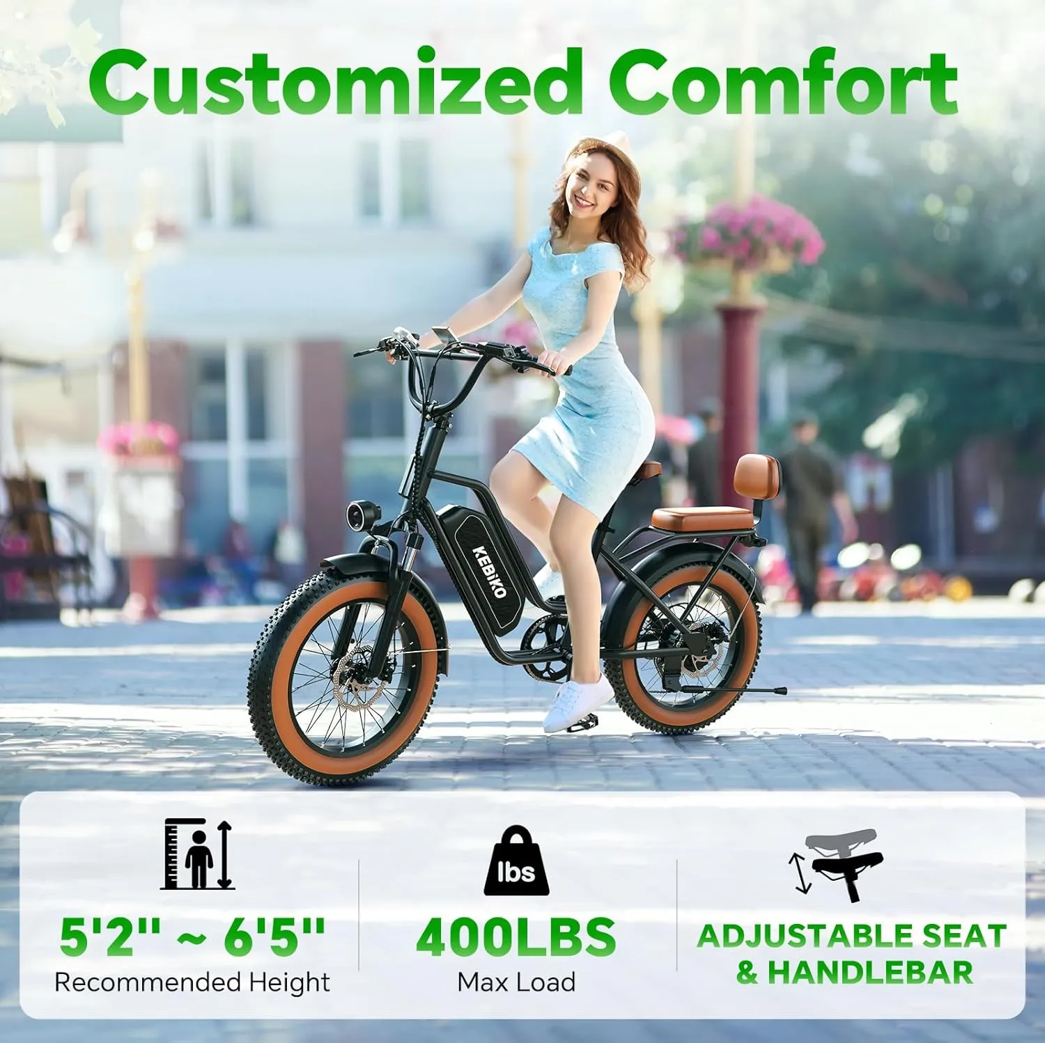 2 Seater Electric Bike, 48V 20AH(𝟗𝟔𝟎𝐖𝐇) Large Removable Battery, 𝟏𝟑𝟎𝟎𝐖 Peak Motor, 20"x 4.0" Fat Tire Ebike for Adults, 80 Miles Max,30 MPH, City Couple E Bike,with Folding Basket