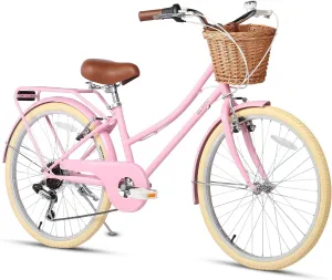 20 24 26 Inch Beach Cruiser Bike, 6-Speed Hybrid City Bicycle for Girls Youth and Over 6 Years Old, Missy Bike with Wicker Basket & Lightweight, Multiple Colors