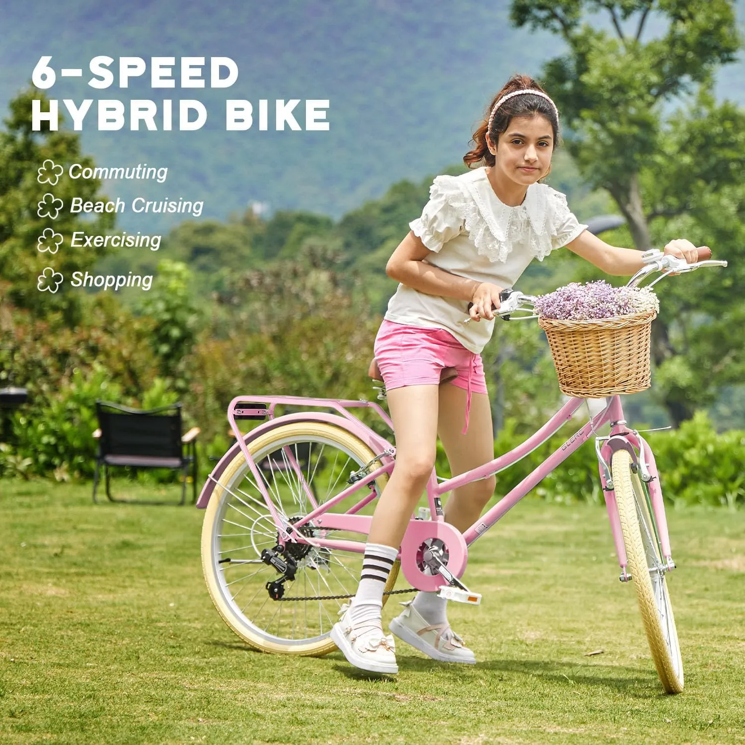 20 24 26 Inch Beach Cruiser Bike, 6-Speed Hybrid City Bicycle for Girls Youth and Over 6 Years Old, Missy Bike with Wicker Basket & Lightweight, Multiple Colors