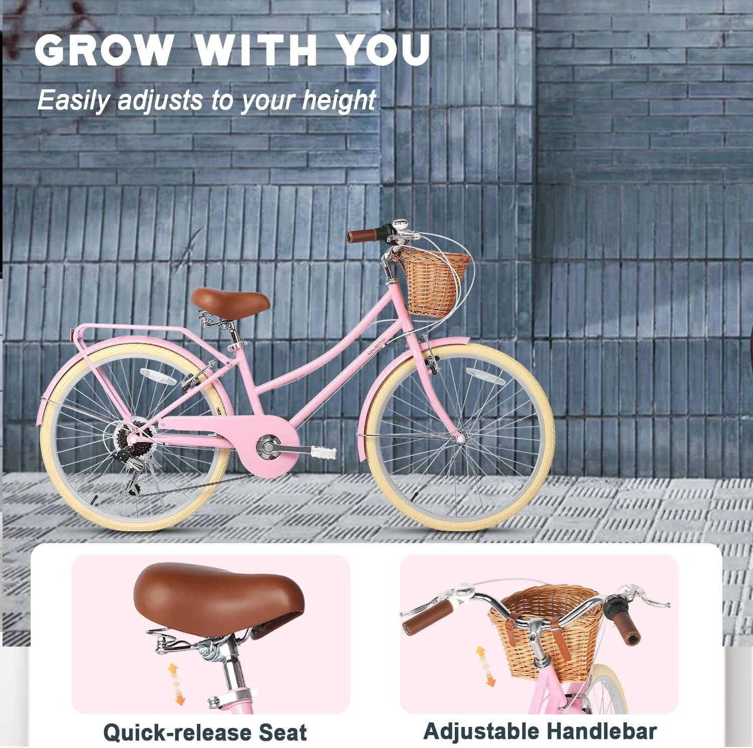 20 24 26 Inch Beach Cruiser Bike, 6-Speed Hybrid City Bicycle for Girls Youth and Over 6 Years Old, Missy Bike with Wicker Basket & Lightweight, Multiple Colors