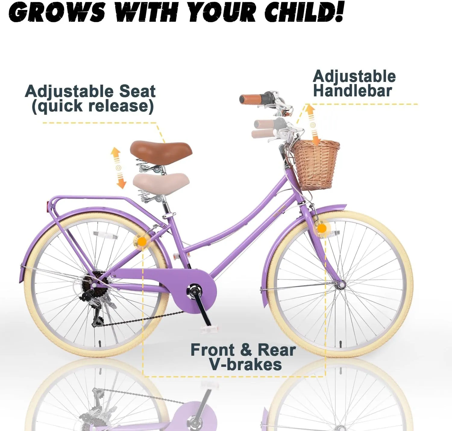 20 24 26 Inch Beach Cruiser Bike, 6-Speed Hybrid City Bicycle for Girls Youth and Over 6 Years Old, Missy Bike with Wicker Basket & Lightweight, Multiple Colors