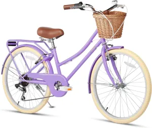 20 24 26 Inch Beach Cruiser Bike, 6-Speed Hybrid City Bicycle for Girls Youth and Over 6 Years Old, Missy Bike with Wicker Basket & Lightweight, Multiple Colors