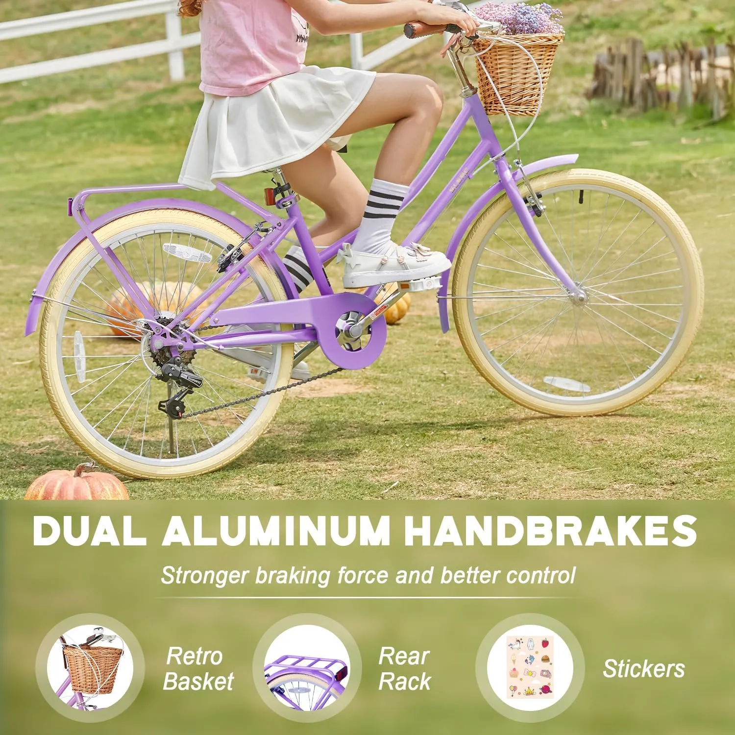 20 24 26 Inch Beach Cruiser Bike, 6-Speed Hybrid City Bicycle for Girls Youth and Over 6 Years Old, Missy Bike with Wicker Basket & Lightweight, Multiple Colors