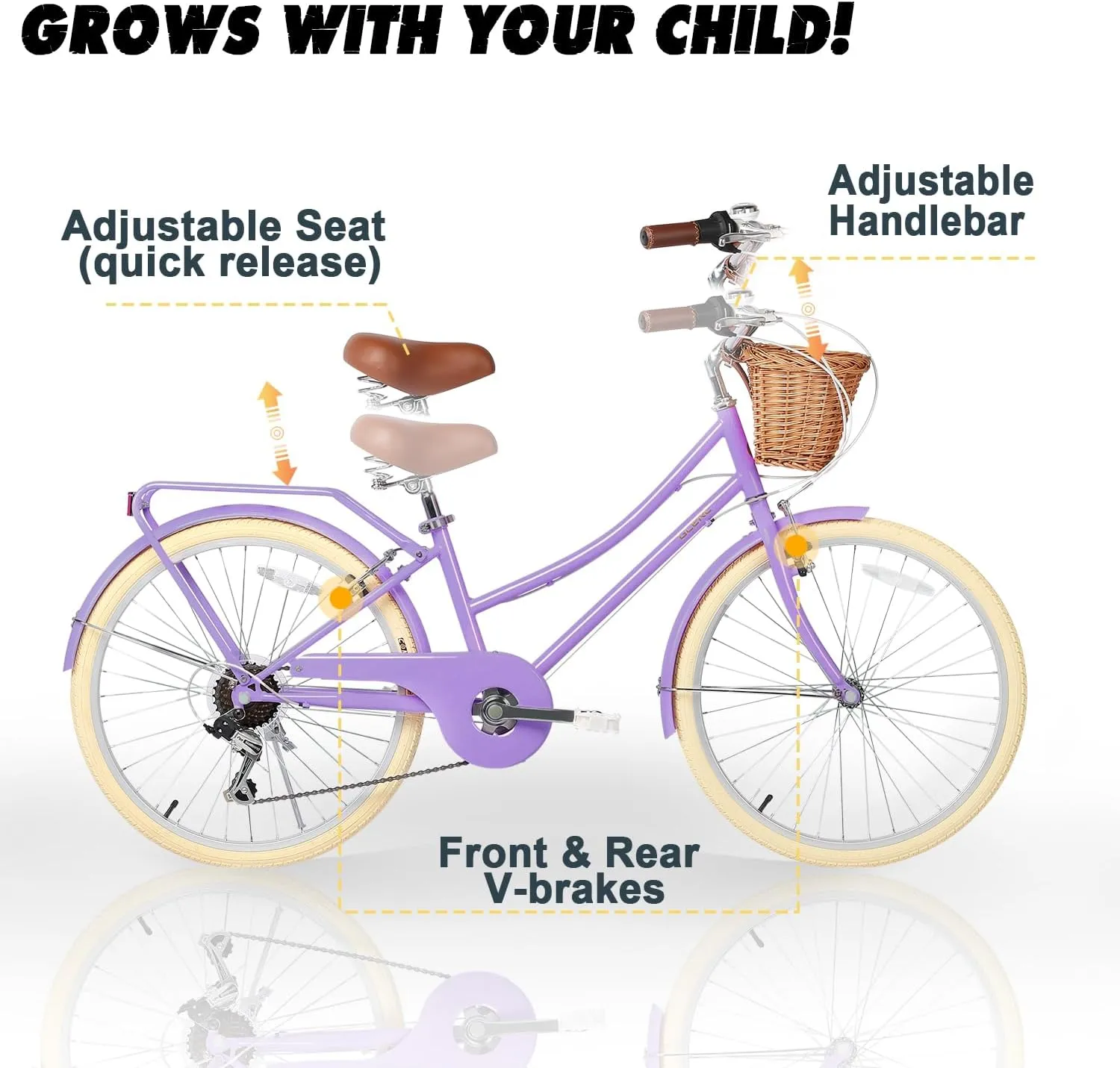 20 24 26 Inch Beach Cruiser Bike, 6-Speed Hybrid City Bicycle for Girls Youth and Over 6 Years Old, Missy Bike with Wicker Basket & Lightweight, Multiple Colors