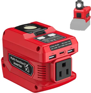 220W Power Inverter Compatible with Milwaukee 18V Battery, DC 18V to AC 110V Portable Power Station with 1 AC Outlet, 2 USB Ports & 1 Type-C Fast Charging, 400LM LED Work Light