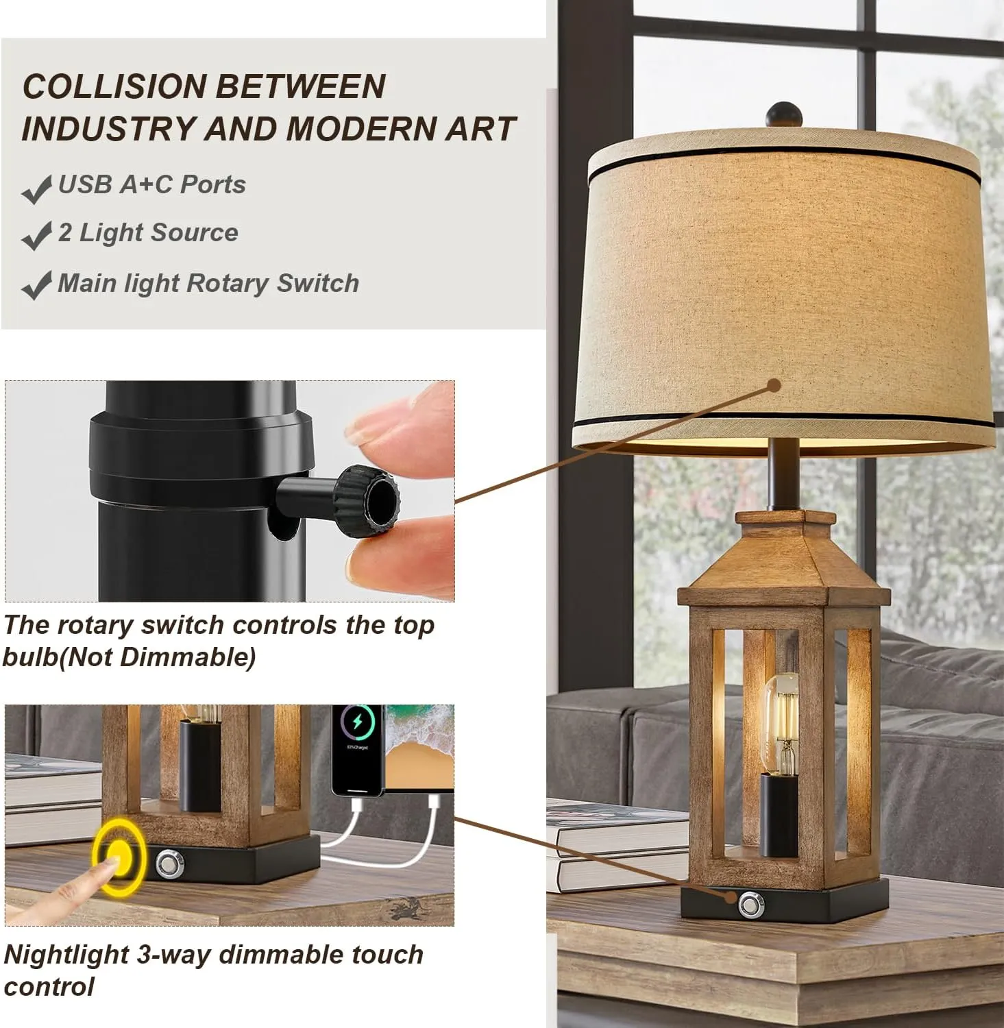 23.75" Farmhouse Table Lamps USB A C Charging Ports 3-Way Dimmable Touch Control Lamp Nightlight Vintage Modern Lamp for Living Room Bedroom with 2 Light Sources