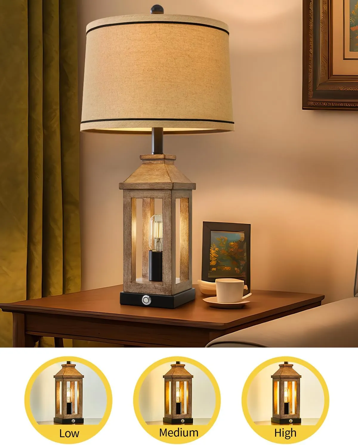 23.75" Farmhouse Table Lamps USB A C Charging Ports 3-Way Dimmable Touch Control Lamp Nightlight Vintage Modern Lamp for Living Room Bedroom with 2 Light Sources
