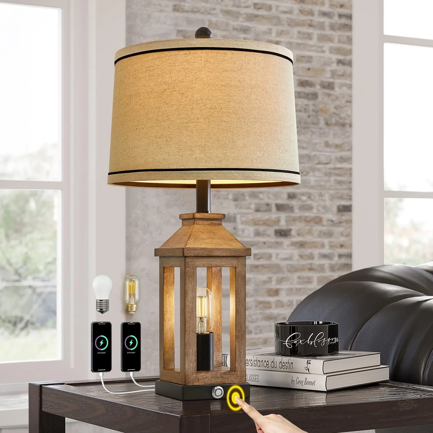23.75" Farmhouse Table Lamps USB A C Charging Ports 3-Way Dimmable Touch Control Lamp Nightlight Vintage Modern Lamp for Living Room Bedroom with 2 Light Sources