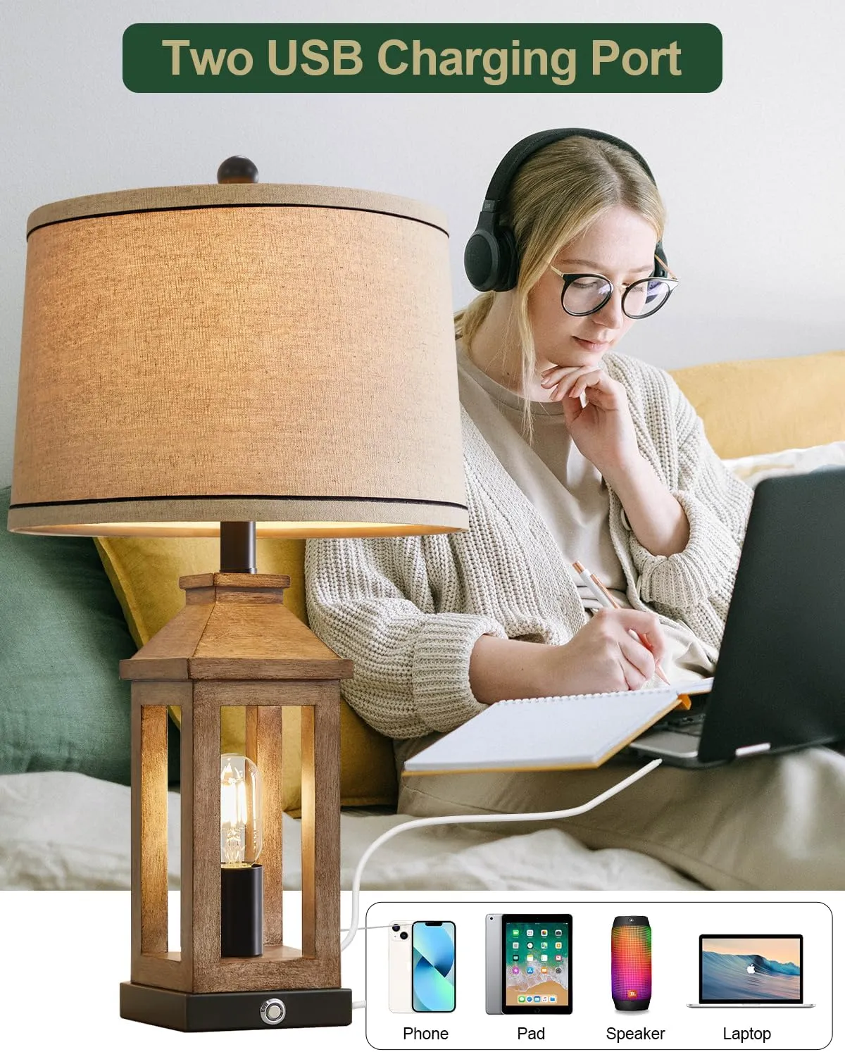 23.75" Farmhouse Table Lamps USB A C Charging Ports 3-Way Dimmable Touch Control Lamp Nightlight Vintage Modern Lamp for Living Room Bedroom with 2 Light Sources
