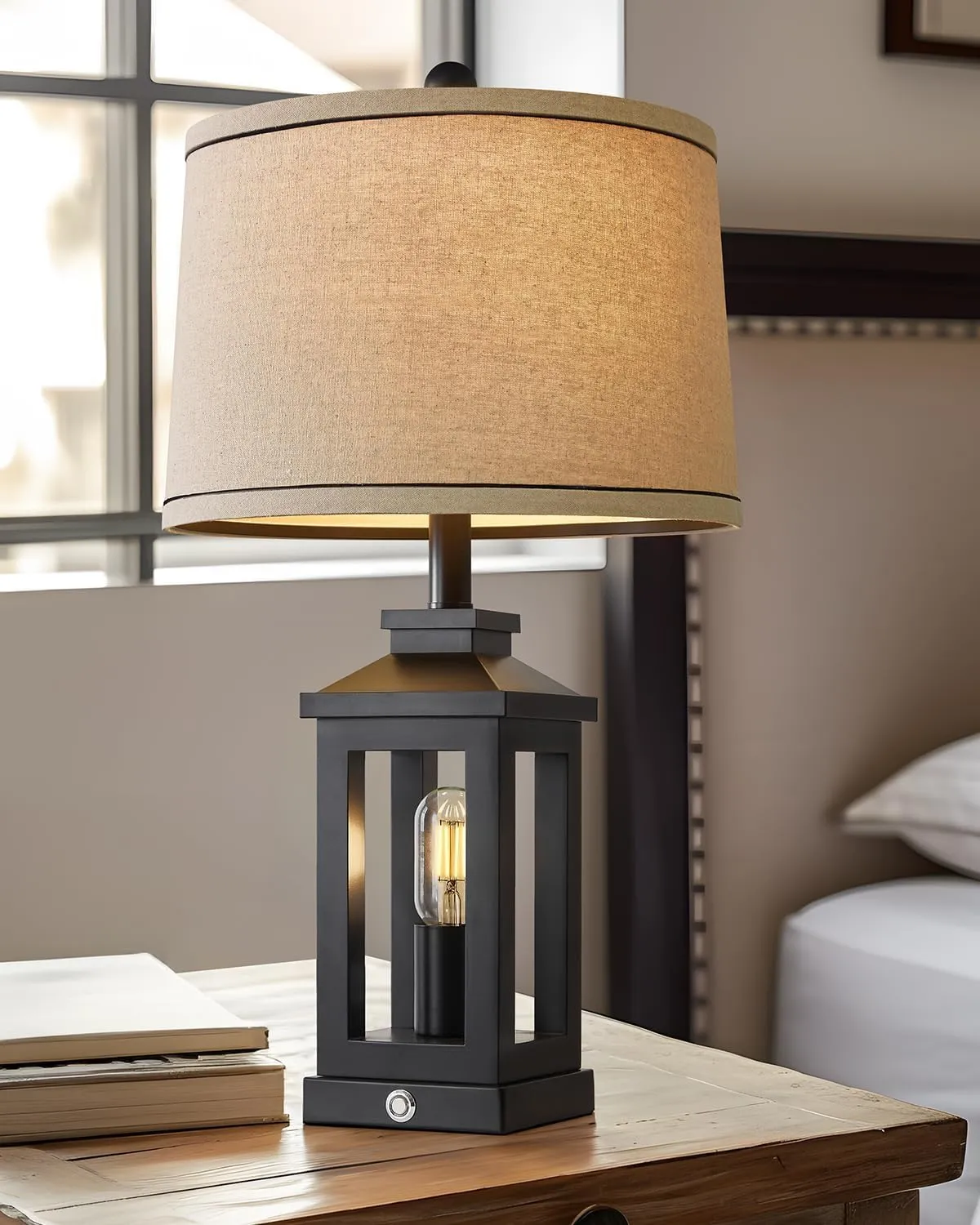 23.75" Retro Farmhouse Black Table Lamp for Living Room Bedroom Nightstand Single Pack Touch Control Bedside Nightlight Vintage Modern Lamp with USB C A Ports and 2 Light Sources
