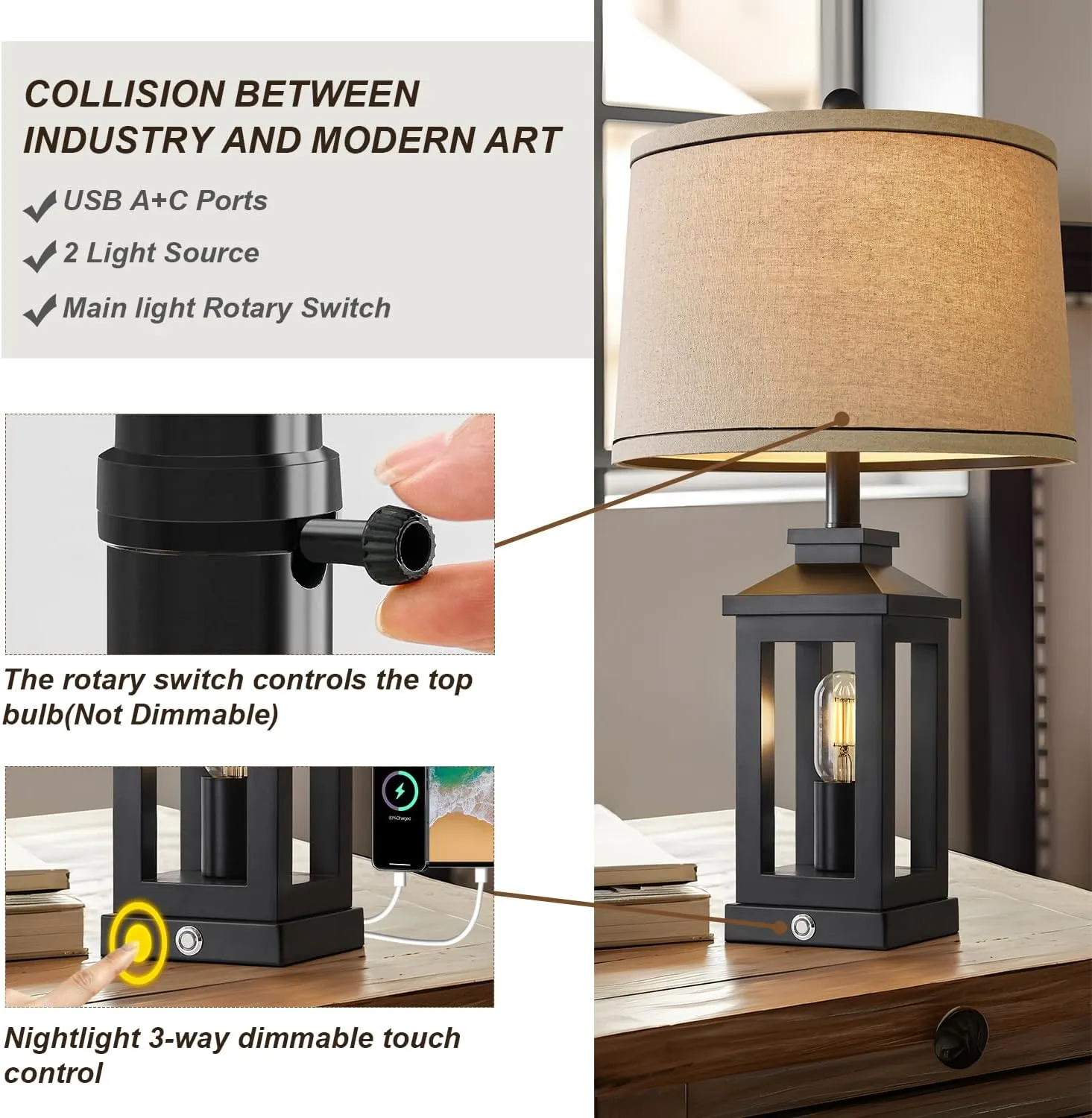 23.75" Retro Farmhouse Black Table Lamp for Living Room Bedroom Nightstand Single Pack Touch Control Bedside Nightlight Vintage Modern Lamp with USB C A Ports and 2 Light Sources
