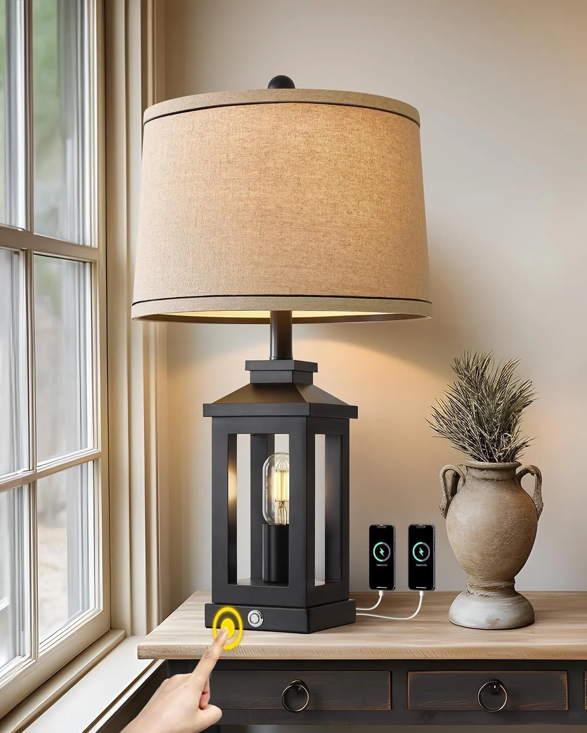 23.75" Retro Farmhouse Black Table Lamp for Living Room Bedroom Nightstand Single Pack Touch Control Bedside Nightlight Vintage Modern Lamp with USB C A Ports and 2 Light Sources