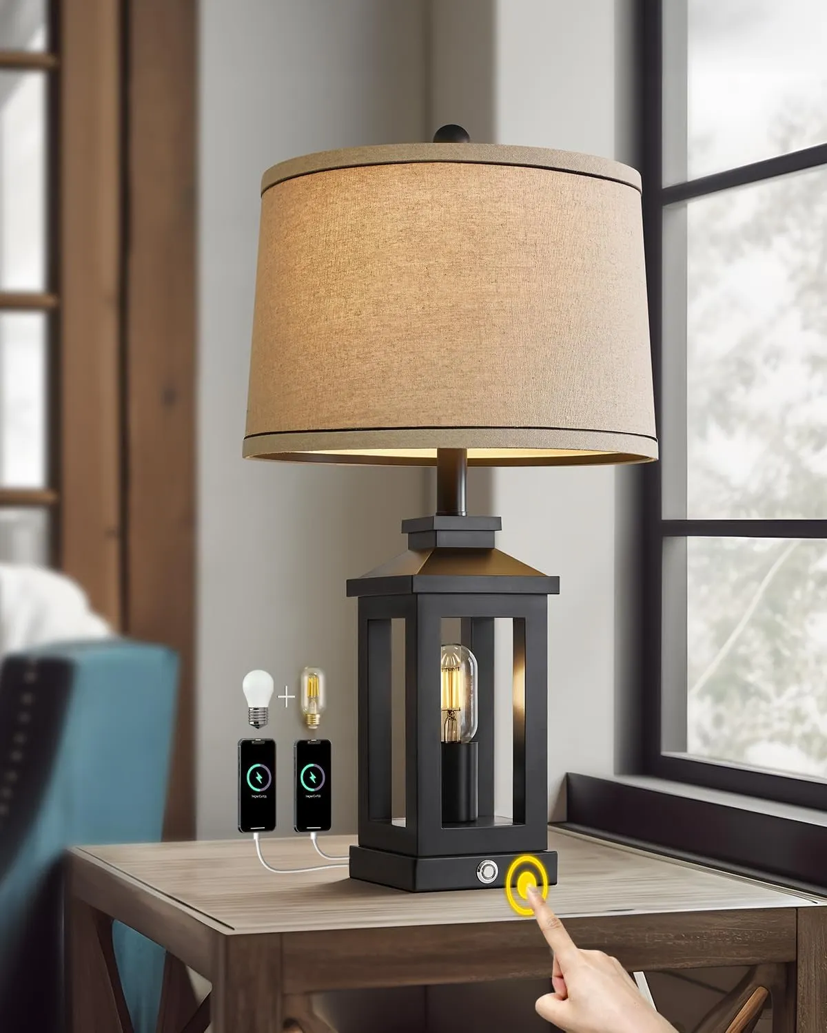 23.75" Retro Farmhouse Black Table Lamp for Living Room Bedroom Nightstand Single Pack Touch Control Bedside Nightlight Vintage Modern Lamp with USB C A Ports and 2 Light Sources
