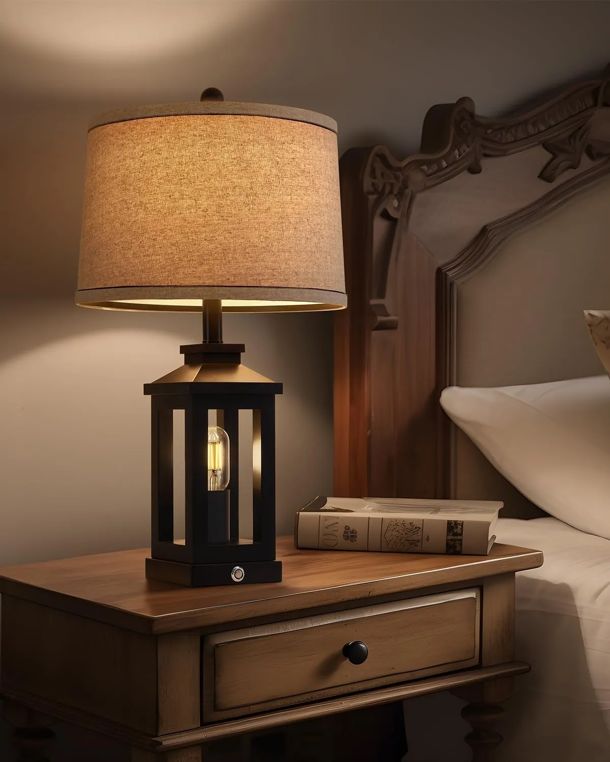 23.75" Retro Farmhouse Black Table Lamp for Living Room Bedroom Nightstand Single Pack Touch Control Bedside Nightlight Vintage Modern Lamp with USB C A Ports and 2 Light Sources
