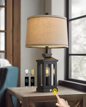 23.75" Retro Farmhouse Black Table Lamp for Living Room Bedroom Nightstand Single Pack Touch Control Bedside Nightlight Vintage Modern Lamp with USB C A Ports and 2 Light Sources