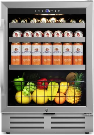 24" Beverage Refrigerator Cooler Under Counter, 180-Can Capacity, 24 Inch Wide Built-In Beer & Drink Fridge with Glass Door With Metal Basket for Home, Bar & Office