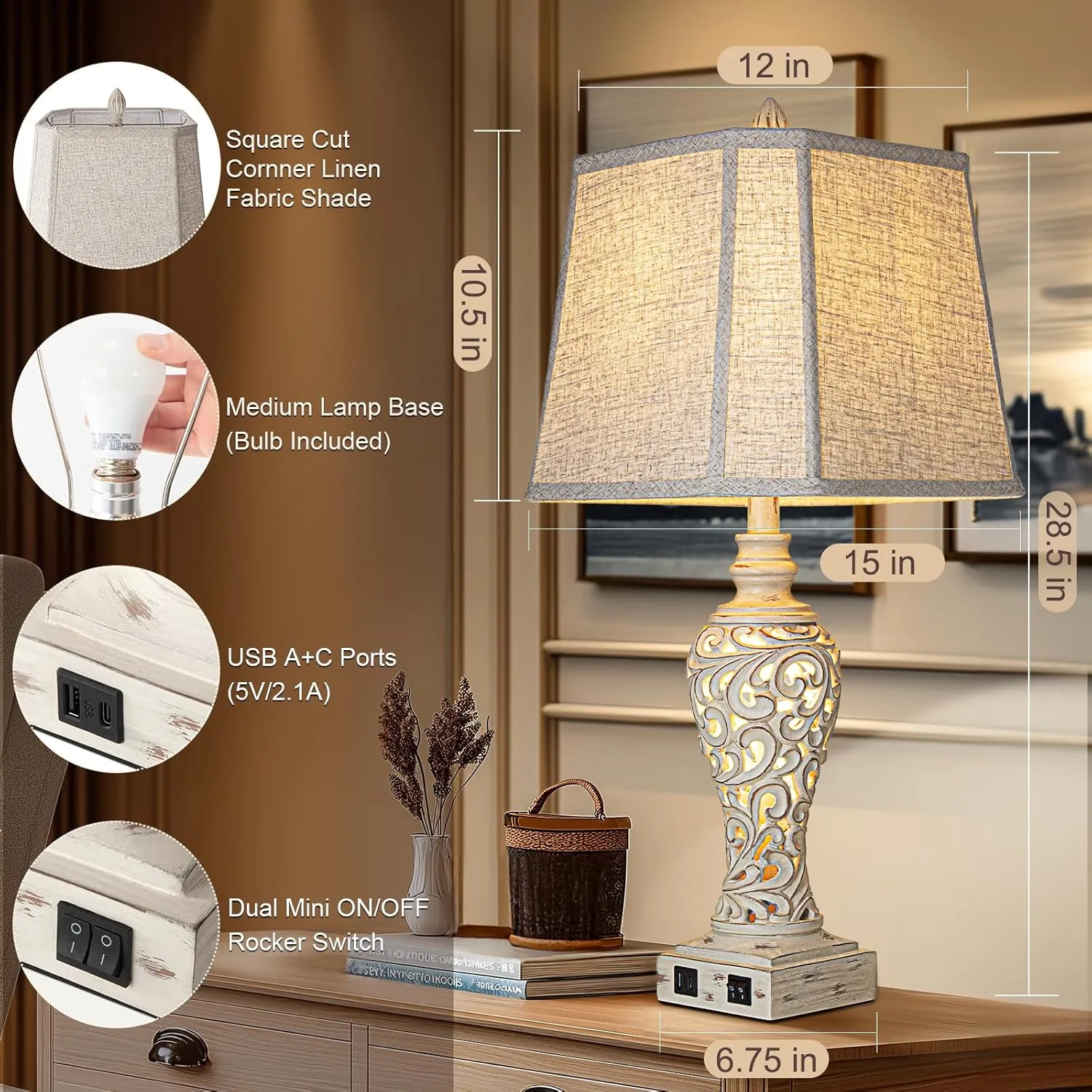 28.5" Table Lamps Set of 2 - Bedside Lamp with Fabric Shades - for Bedroom and Living Room with USB and Nightlight - Perfect for Nightstands and Bedrooms