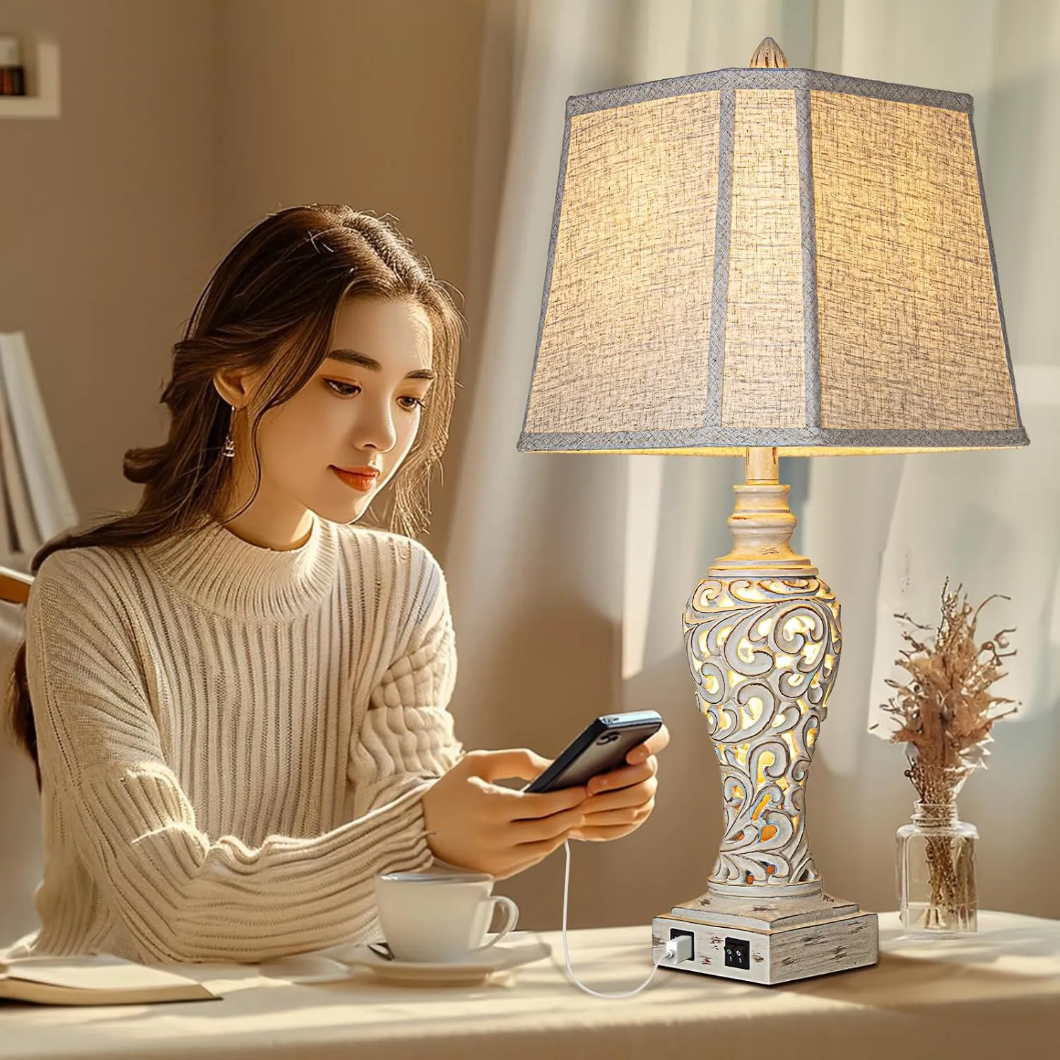 28.5" Table Lamps Set of 2 - Bedside Lamp with Fabric Shades - for Bedroom and Living Room with USB and Nightlight - Perfect for Nightstands and Bedrooms