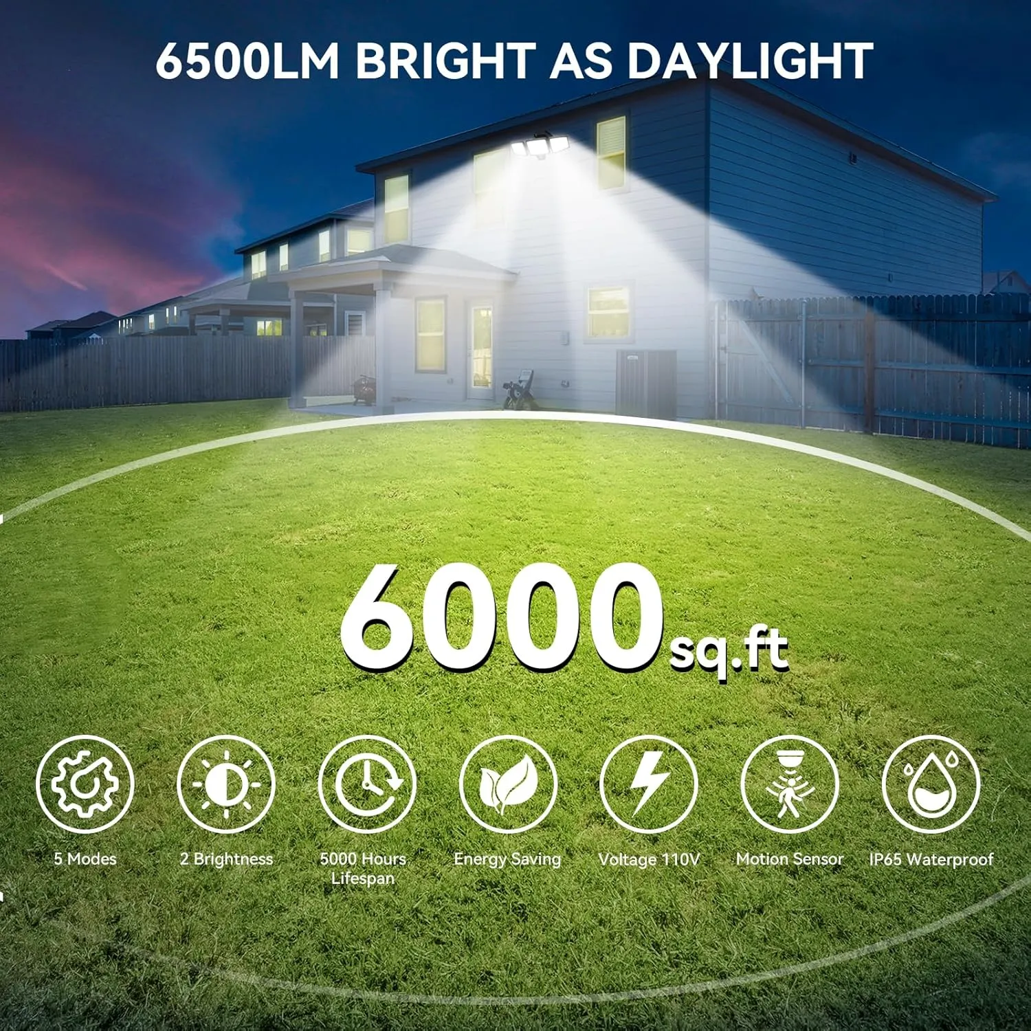 2Pack 65W LED Security Light Motion Sensor Outdoor Lights, 6500LM 3 Head LED Flood Lights Outdoor 6500K , IP65 Waterproof, Dusk to Dawn Flood Light, Motion Detected Lights for Outside Garage Yard