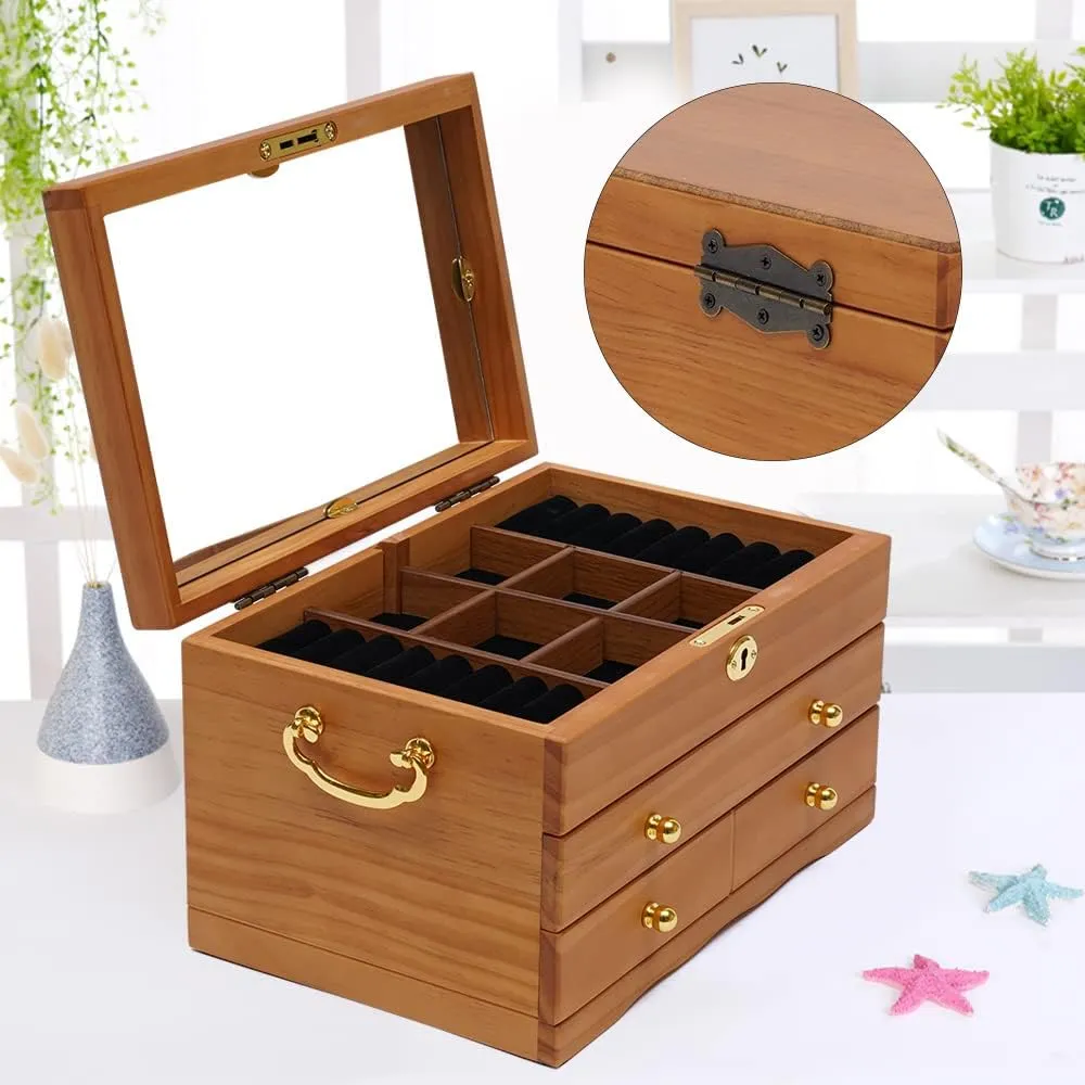 3 Layers Wooden Jewelry Box Large Jewelry Storage Box with Lock and Mirror Large Capacity Storage Box Women Men Gift for Jewelries Ring Necklace Watches