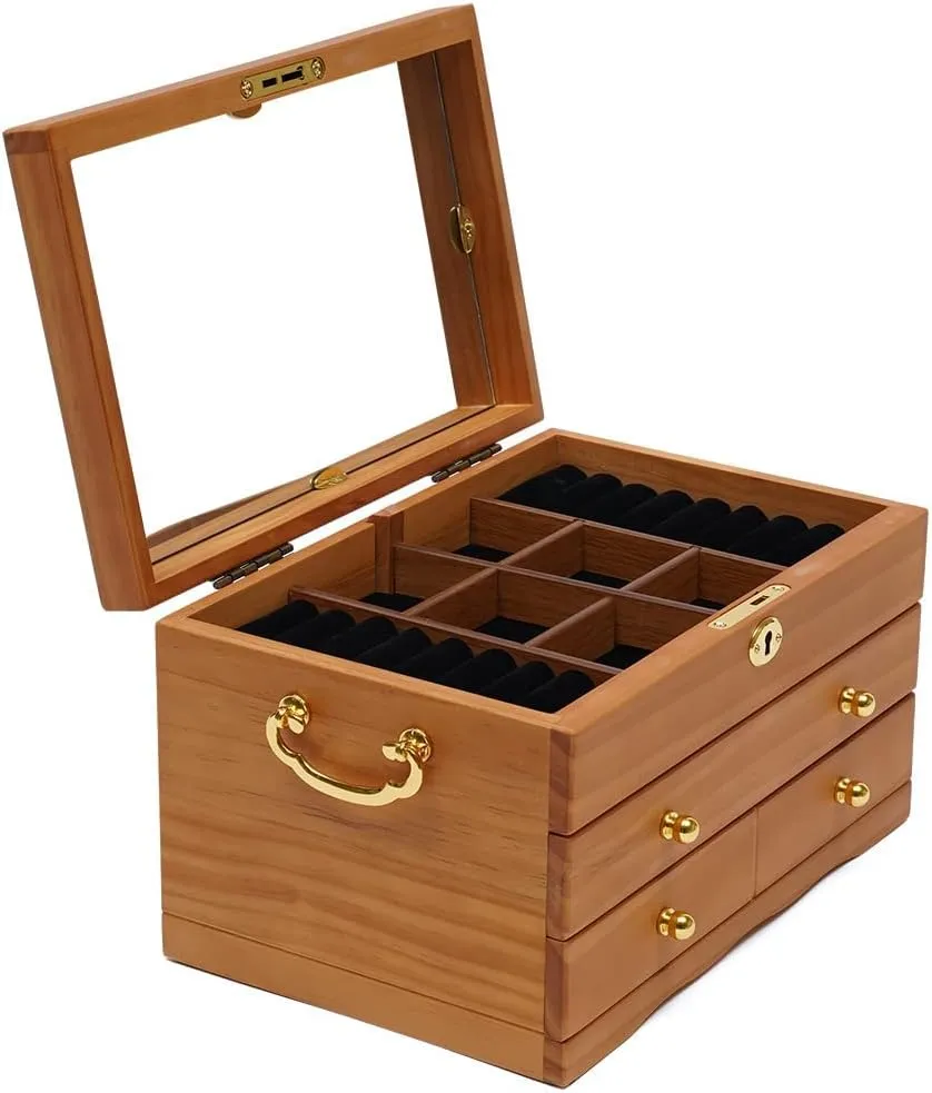 3 Layers Wooden Jewelry Box Large Jewelry Storage Box with Lock and Mirror Large Capacity Storage Box Women Men Gift for Jewelries Ring Necklace Watches