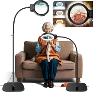 30X 10X Large Floor Magnifying Glass with Light and Stand,72 LED Flexible Gooseneck Floor Magnifying Lamp,2 in 1 Lighted Magnifiers for Close Work, Sewing,Crafts,Hobbies（Black）