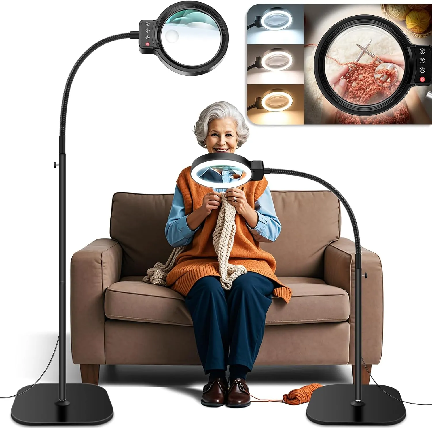 30X 10X Large Floor Magnifying Glass with Light and Stand,72 LED Flexible Gooseneck Floor Magnifying Lamp,2 in 1 Lighted Magnifiers for Close Work, Sewing,Crafts,Hobbies（Black）