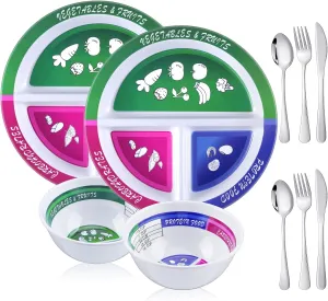 4 Pcs Portion Control Plate Bowls Set with 6 Pcs Stainless Steel Silverware 8.5 Inch Bariatric for Portion Control Divided Diet Bowl for Weight Loss Balanced Eating Adult