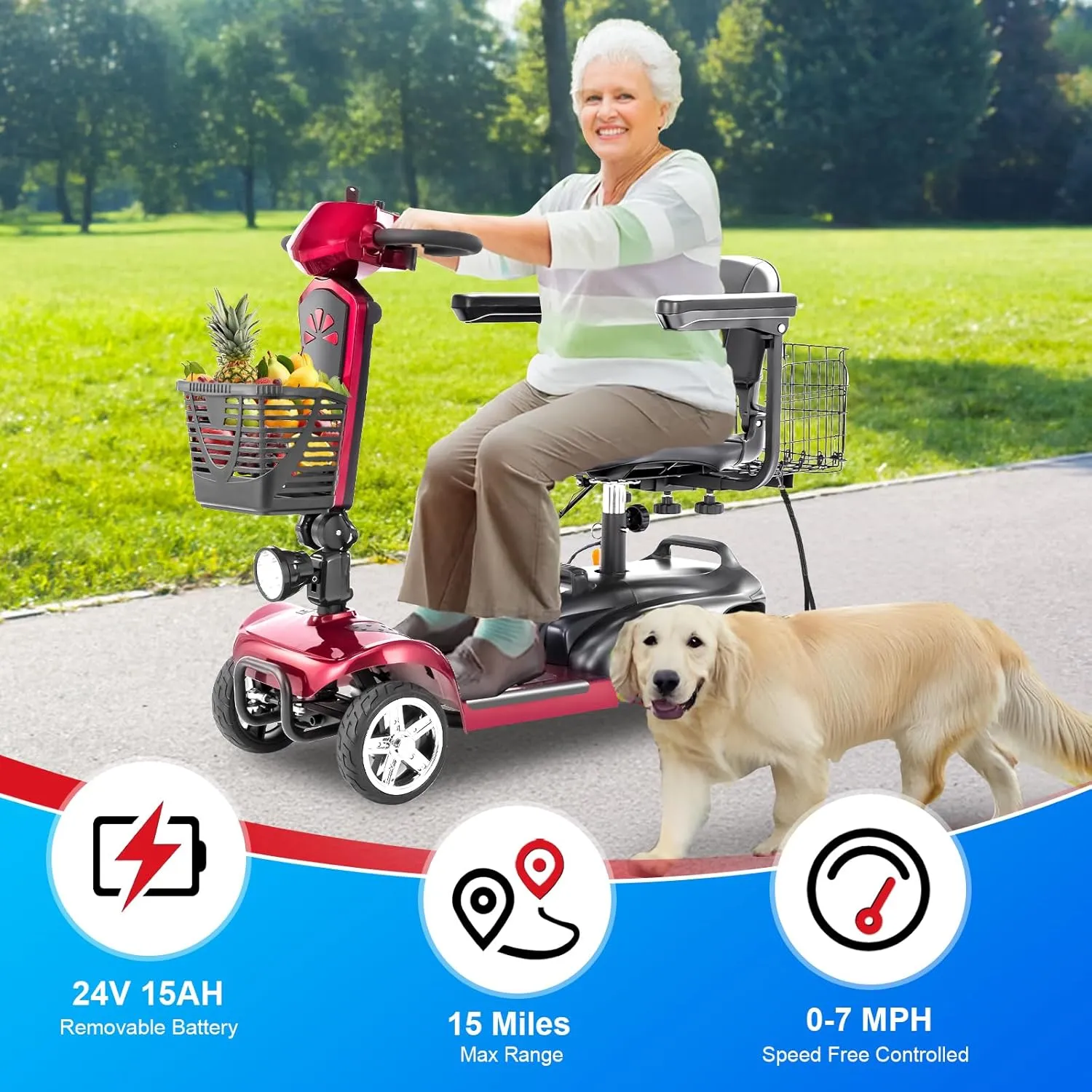 4 Wheels Eldryvon EV02 Electric Mobility Scooter for Seniors & Adult, 300Lbs All Terrain, Foldable Powered Wheelchair Device with Dual Basket, Rotating Seat (Red, EV02 Standard)