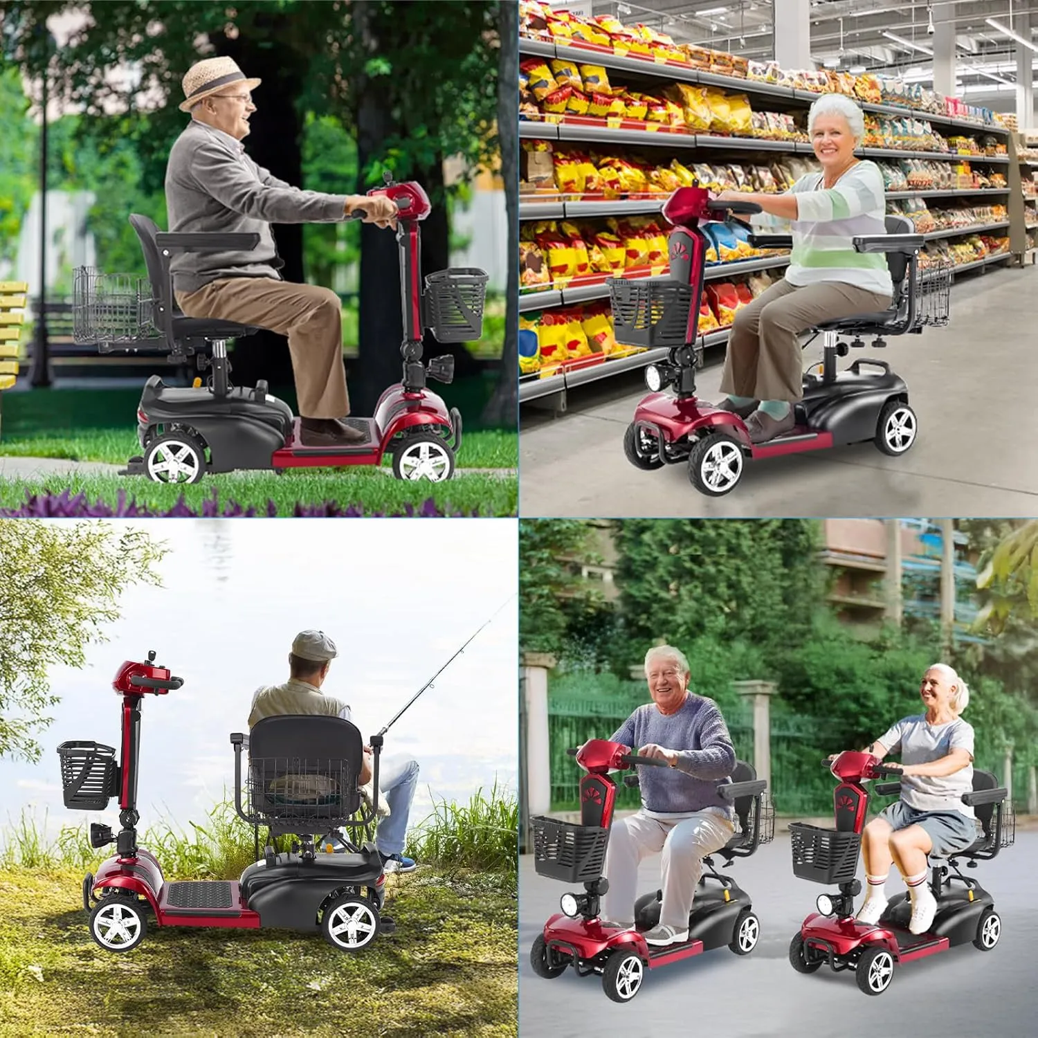 4 Wheels Eldryvon EV02 Electric Mobility Scooter for Seniors & Adult, 300Lbs All Terrain, Foldable Powered Wheelchair Device with Dual Basket, Rotating Seat (Red, EV02 Standard)