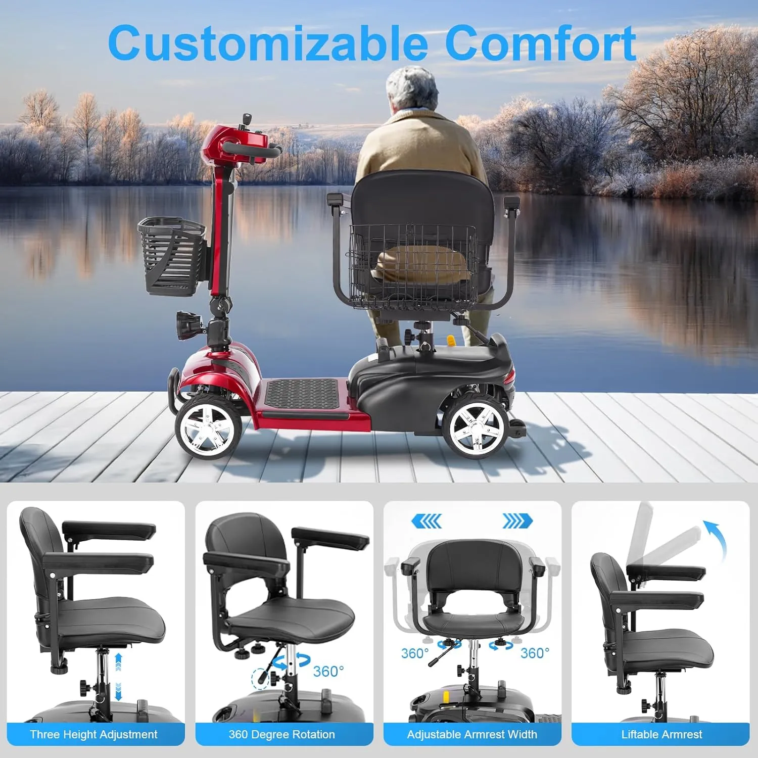 4 Wheels Eldryvon EV02 Electric Mobility Scooter for Seniors & Adult, 300Lbs All Terrain, Foldable Powered Wheelchair Device with Dual Basket, Rotating Seat (Red, EV02 Standard)