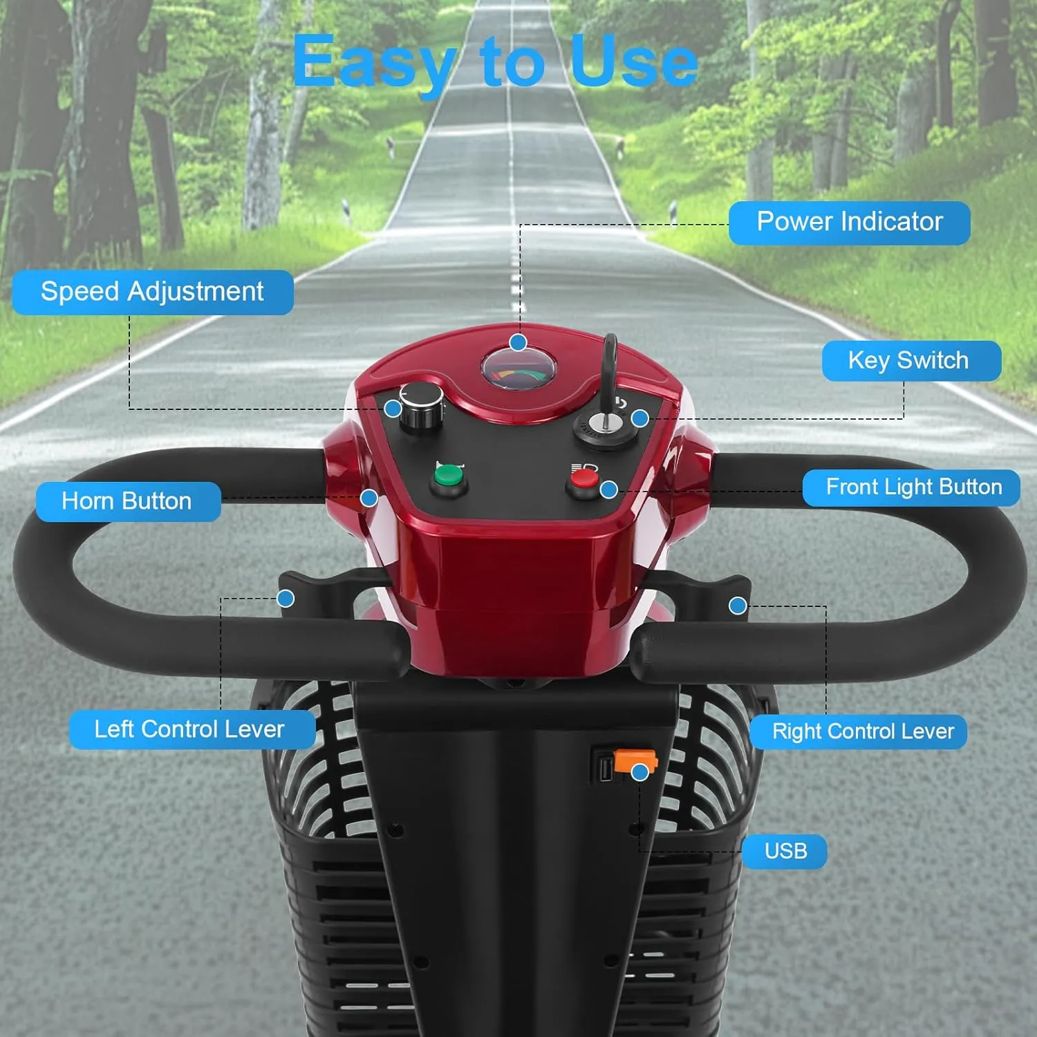 4 Wheels Eldryvon EV02 Electric Mobility Scooter for Seniors & Adult, 300Lbs All Terrain, Foldable Powered Wheelchair Device with Dual Basket, Rotating Seat (Red, EV02 Standard)
