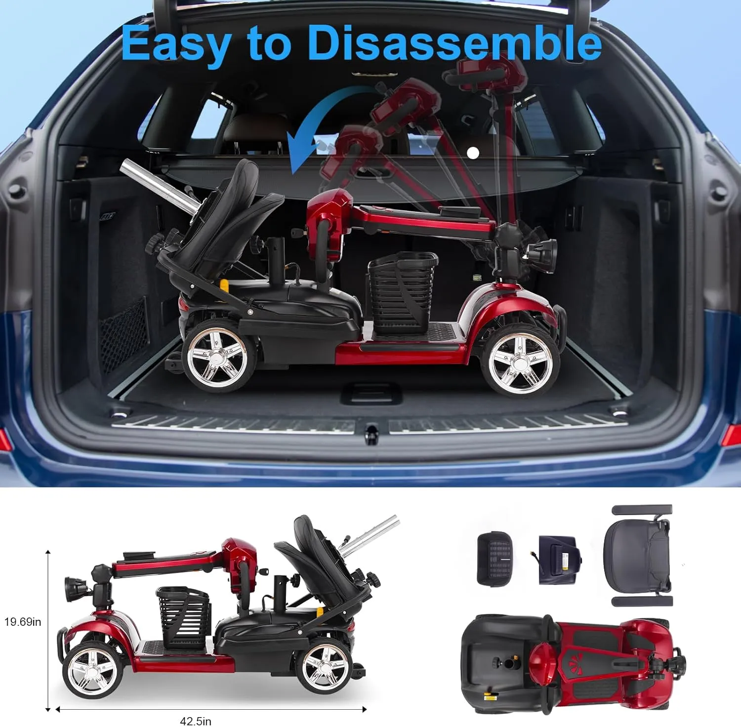 4 Wheels Eldryvon EV02 Electric Mobility Scooter for Seniors & Adult, 300Lbs All Terrain, Foldable Powered Wheelchair Device with Dual Basket, Rotating Seat (Red, EV02 Standard)